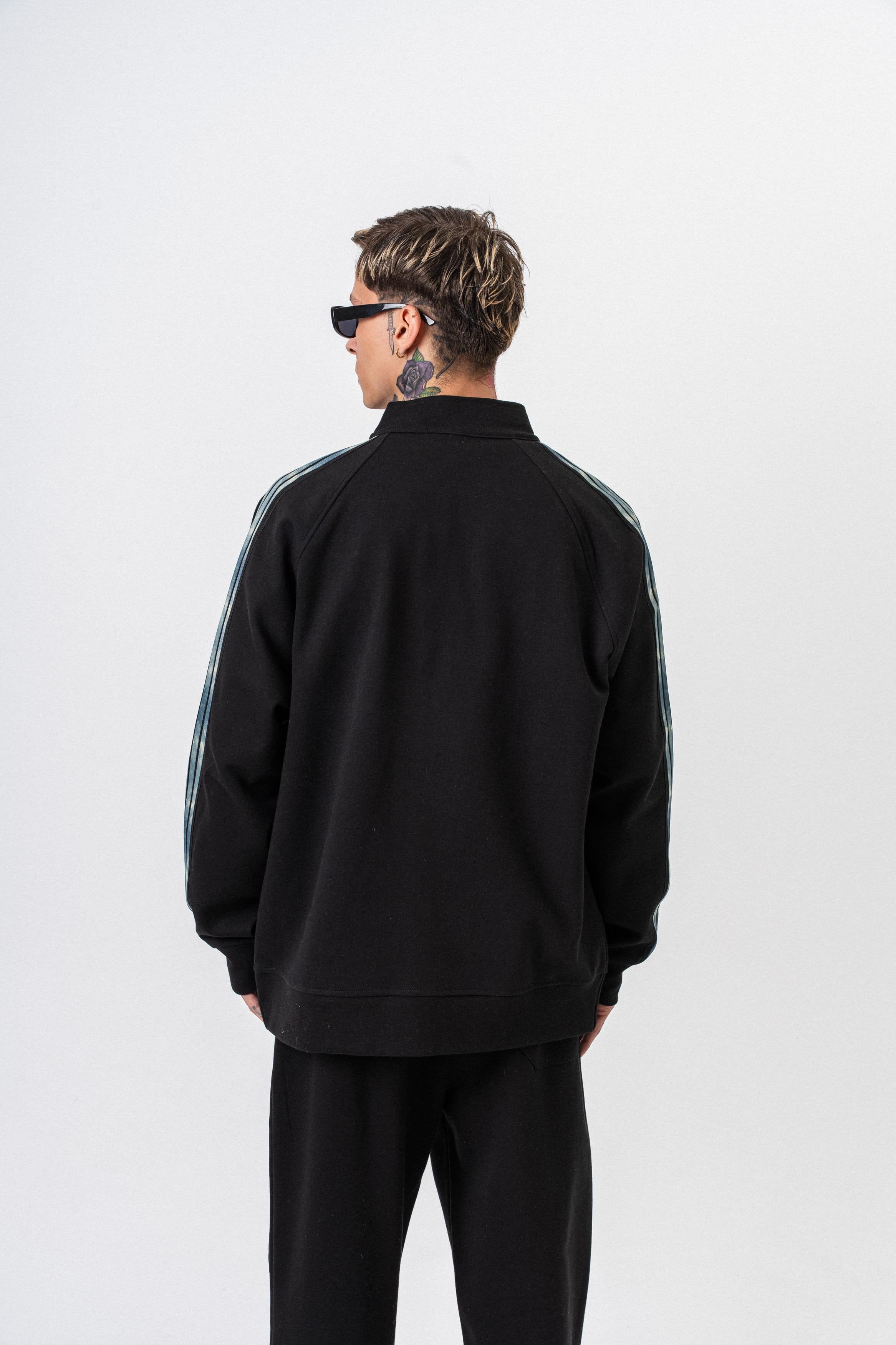 Erkek Dark Striped Şerit Detaylı Dik Yaka Doubleface Zip Oversize Sweatshirt Siyah