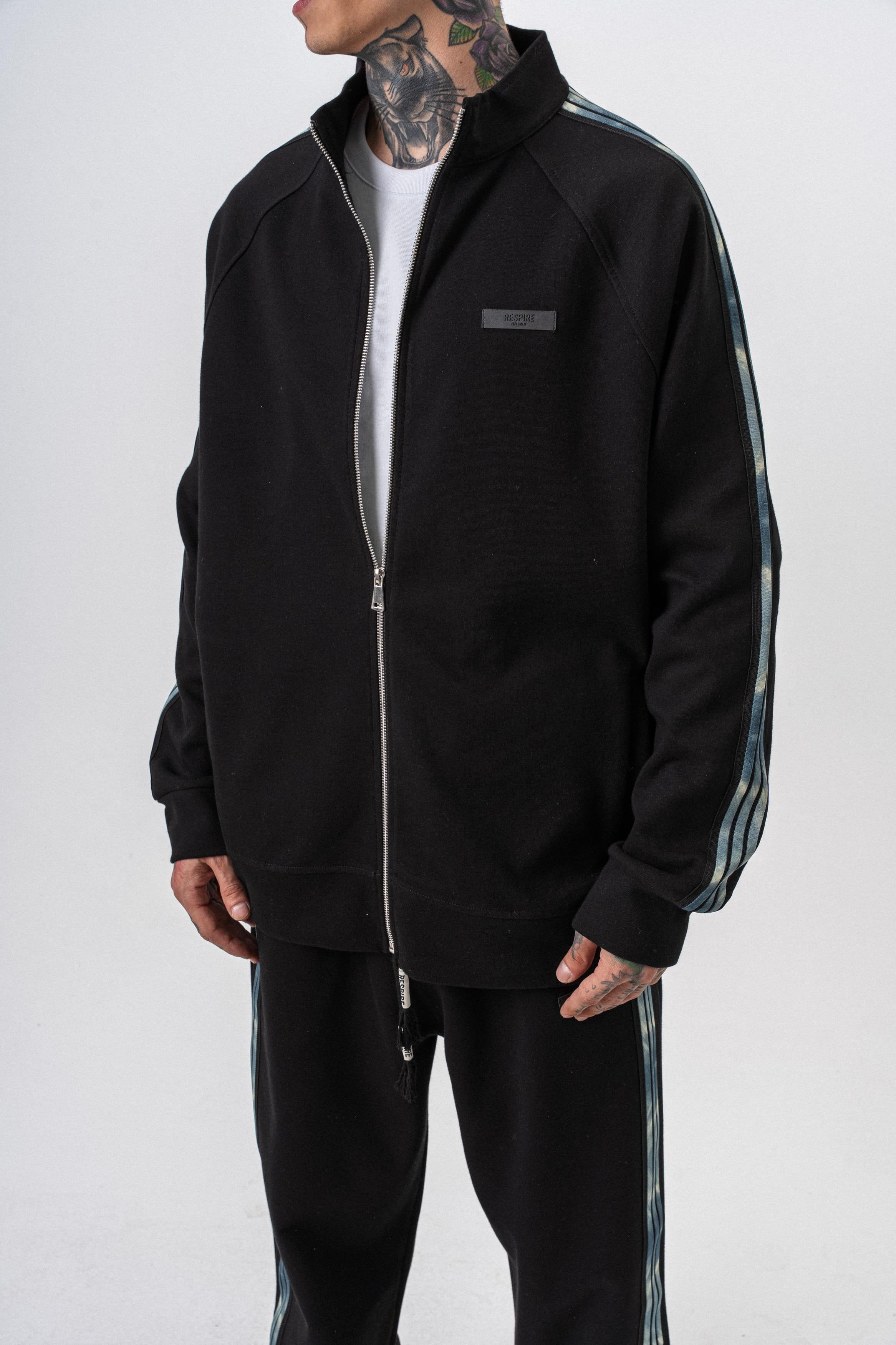Erkek Dark Striped Şerit Detaylı Dik Yaka Doubleface Zip Oversize Sweatshirt Siyah