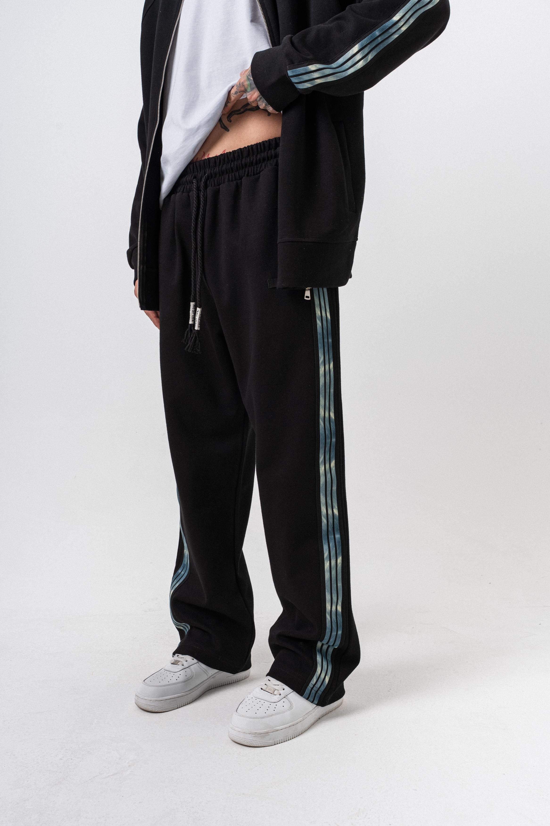 Erkek Dark Striped Şerit Detaylı Kışlık Doubleface Baggy Eşofman Altı Siyah