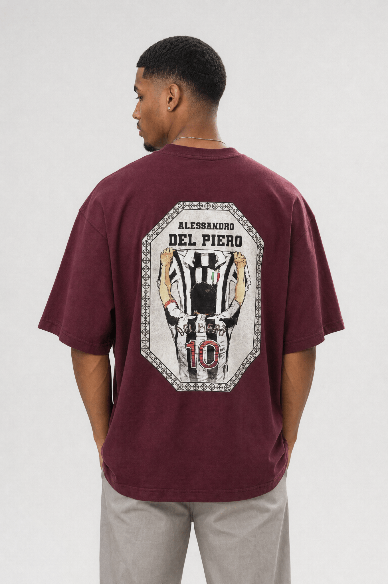 Erkek Del Piero Baskılı Oversize T-Shirt Bordo
