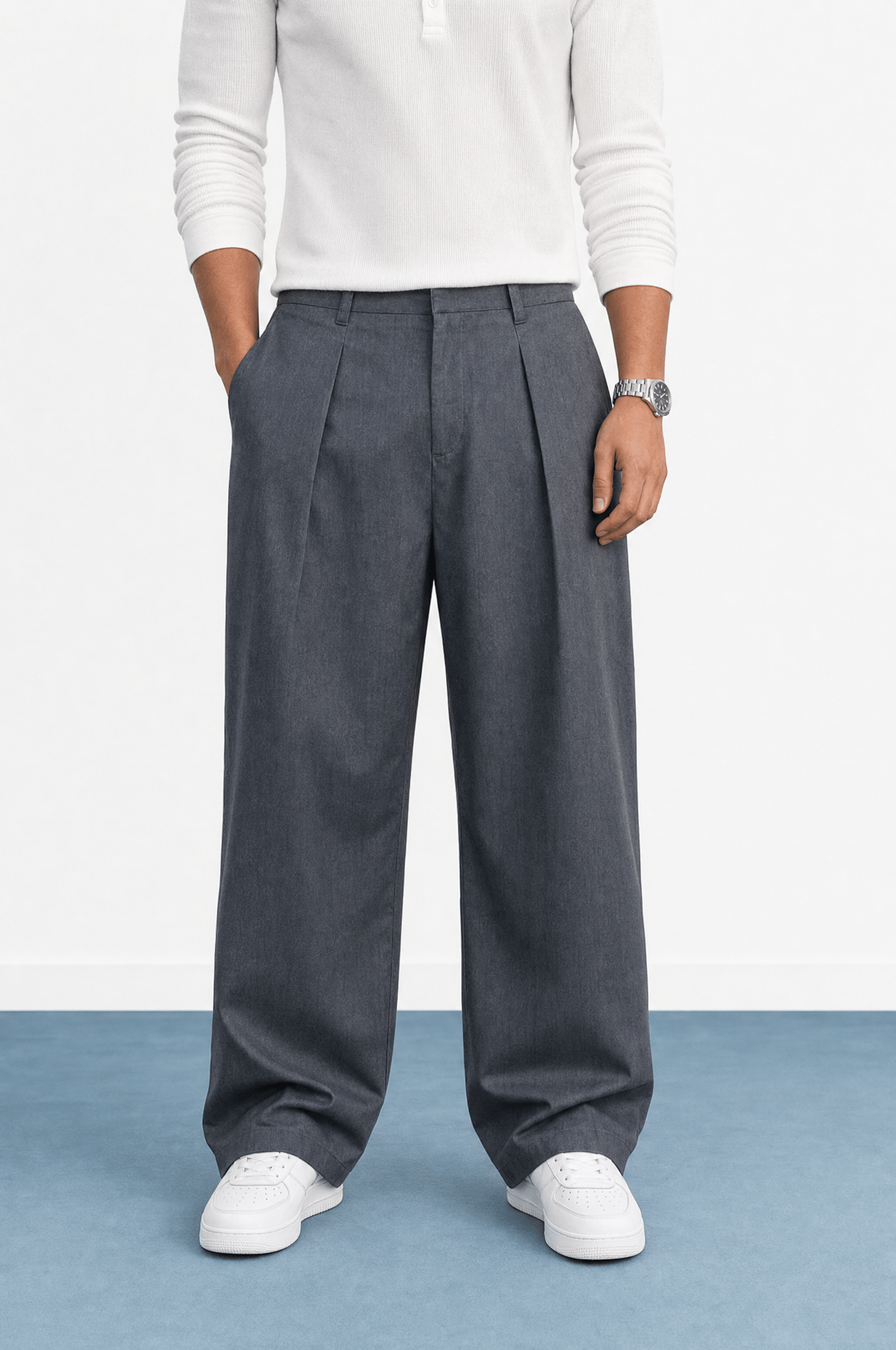 Erkek Derin Pileli Kumaş Baggy Pantolon Antrasit