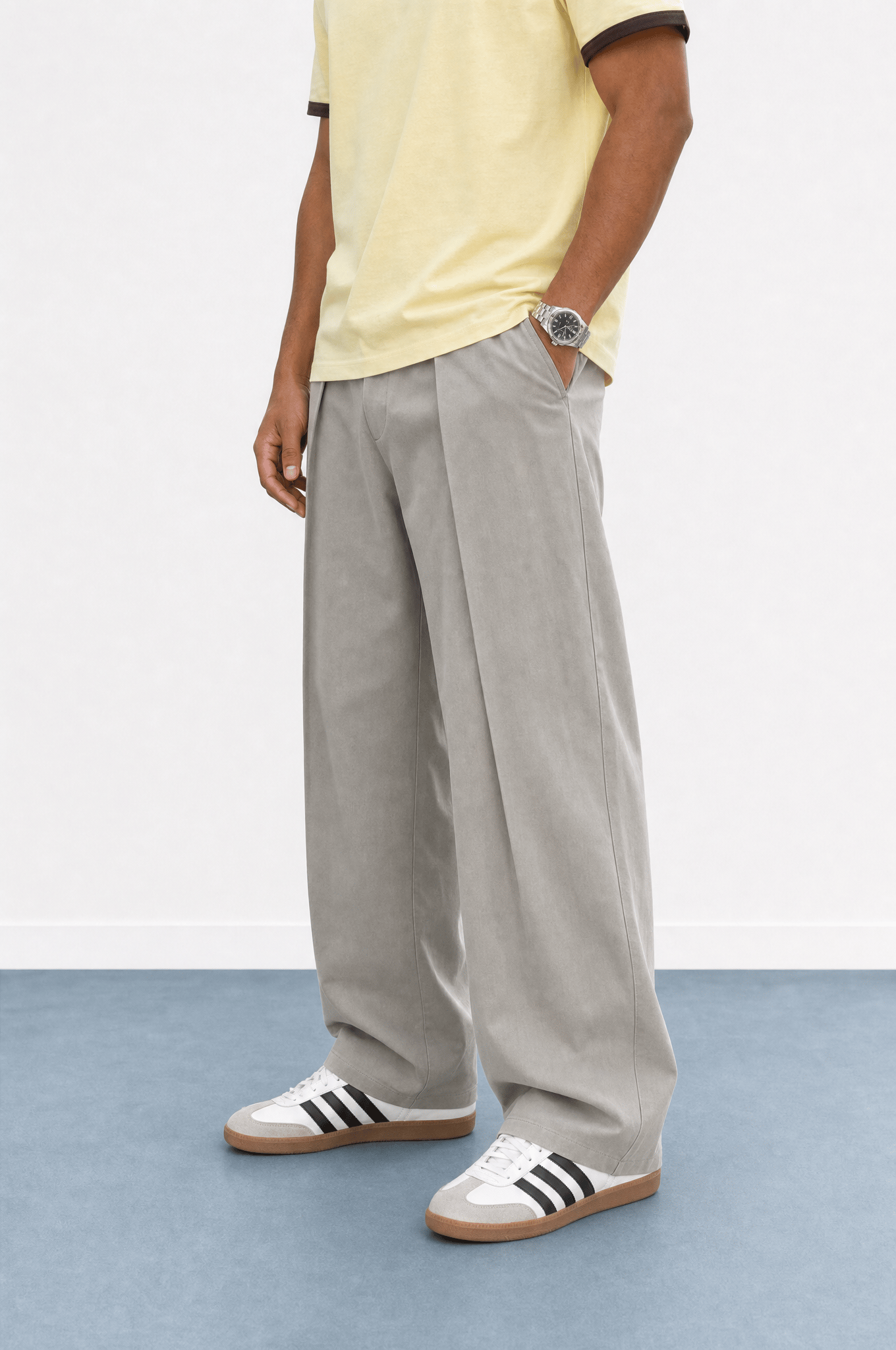 Erkek Derin Pileli Kumaş Baggy Pantolon Gri