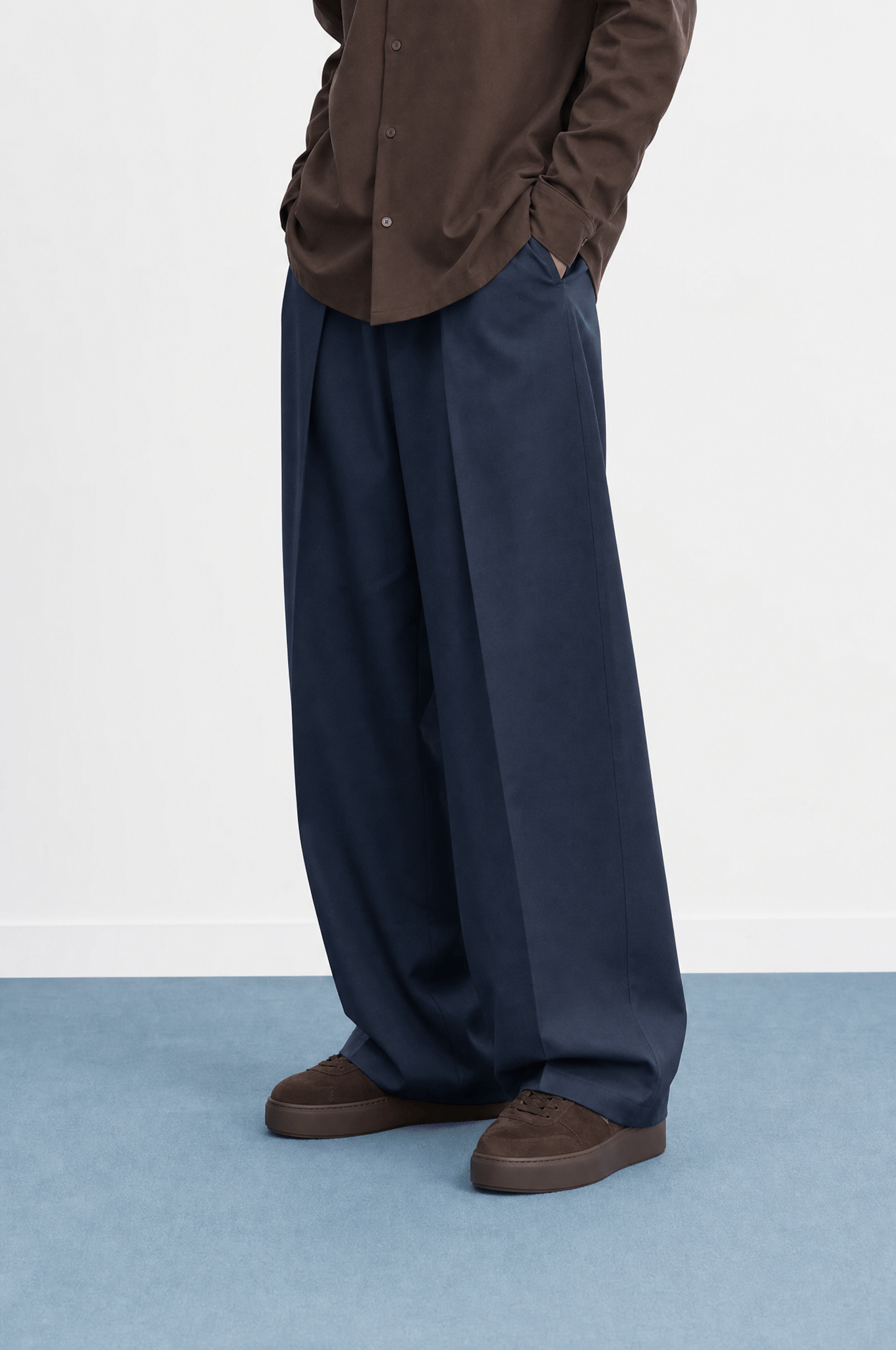 Erkek Derin Pileli Kumaş Baggy Pantolon Lacivert