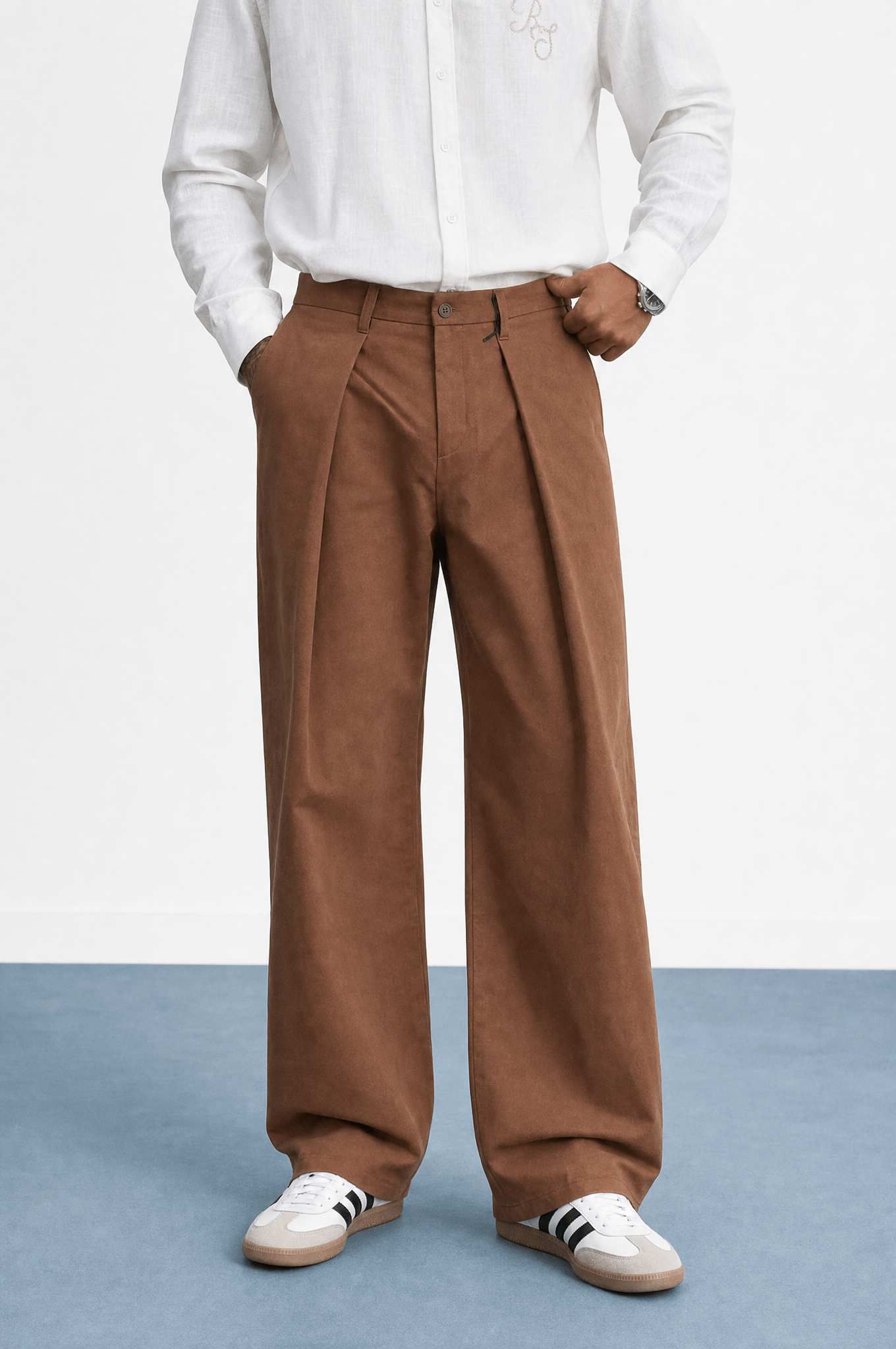 Erkek Derin Pileli Kumaş Baggy Pantolon Kahve
