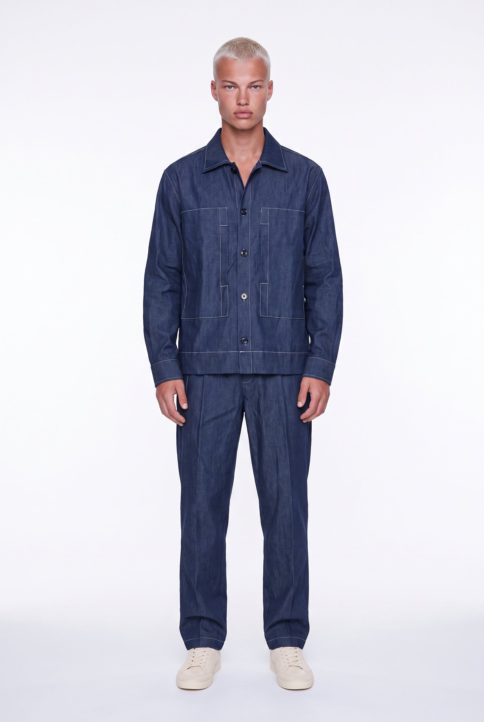 Erkek Dikiş Detaylı Denim Takım Lacivert