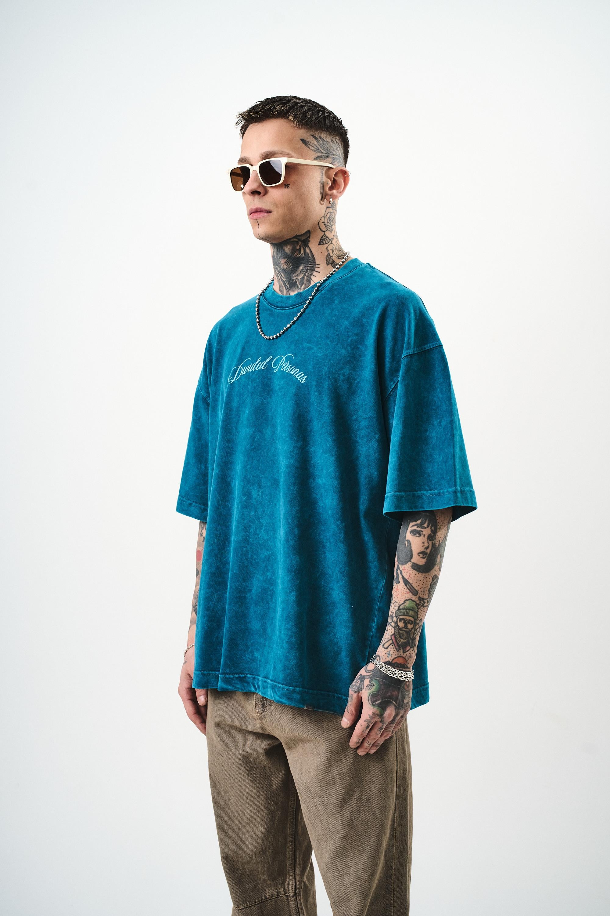 Erkek Divided Personas Baskılı Yıkamalı Oversize T-Shirt Petrol
