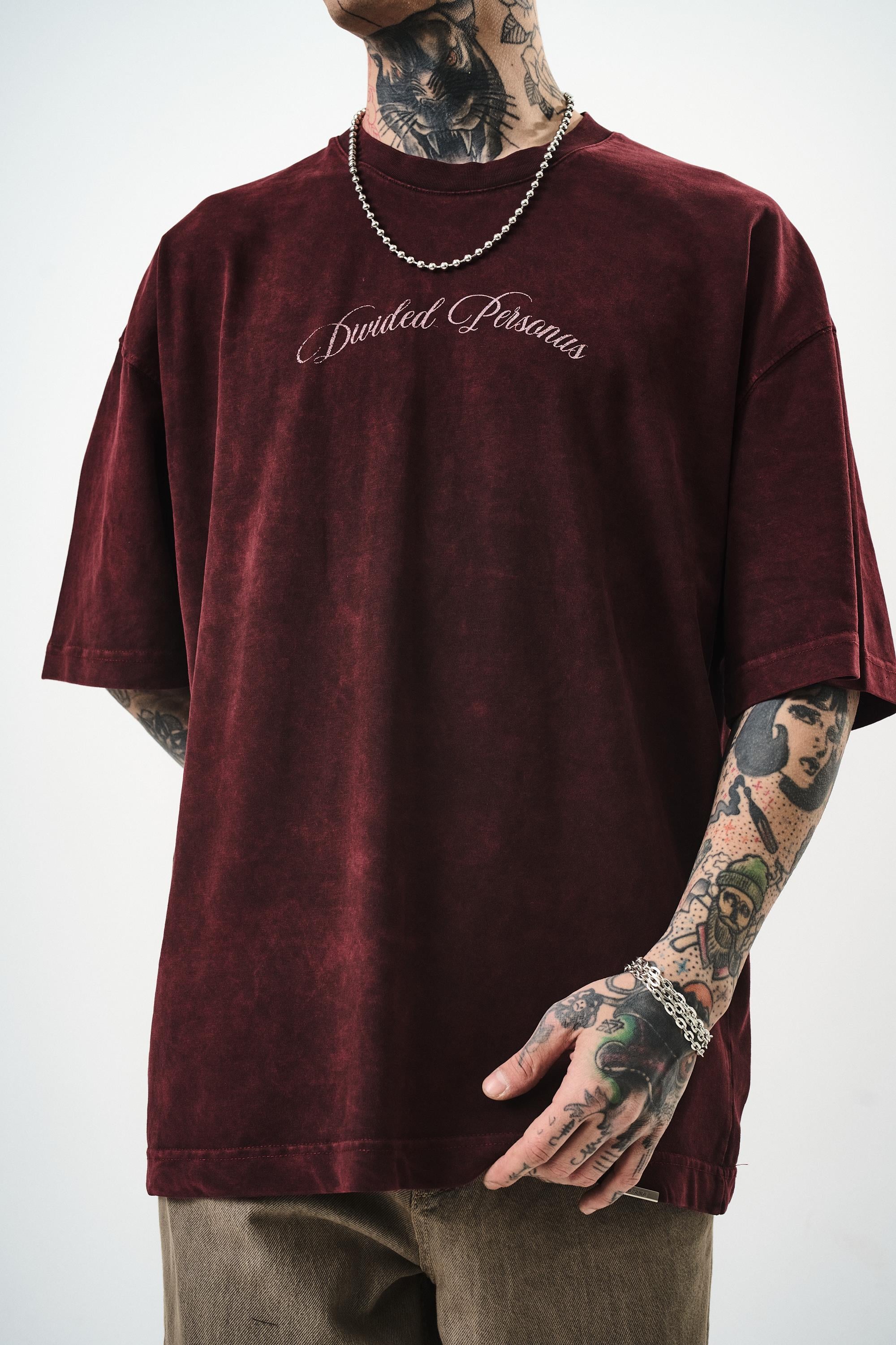 Erkek Divided Personas Baskılı Yıkamalı Oversize T-Shirt Bordo