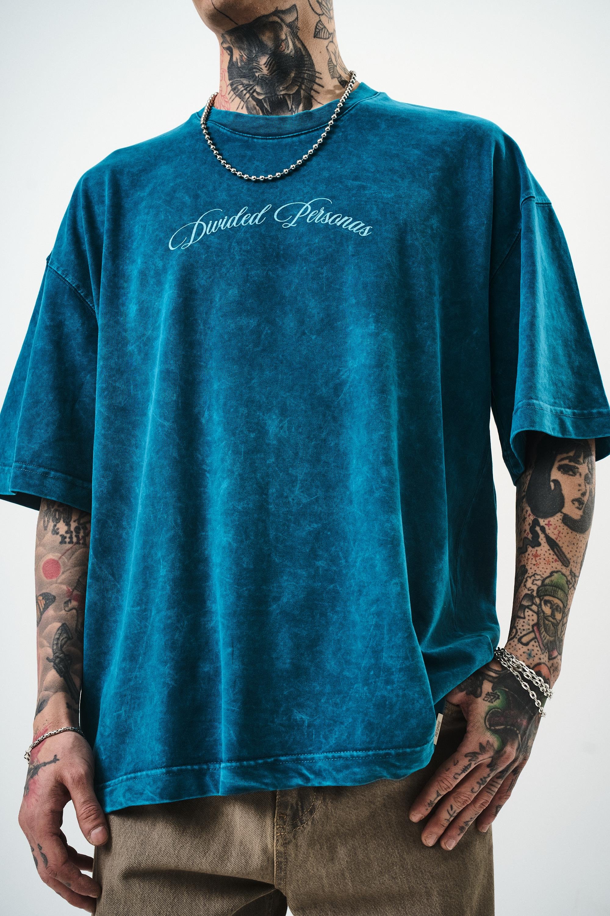 Erkek Divided Personas Baskılı Yıkamalı Oversize T-Shirt Petrol