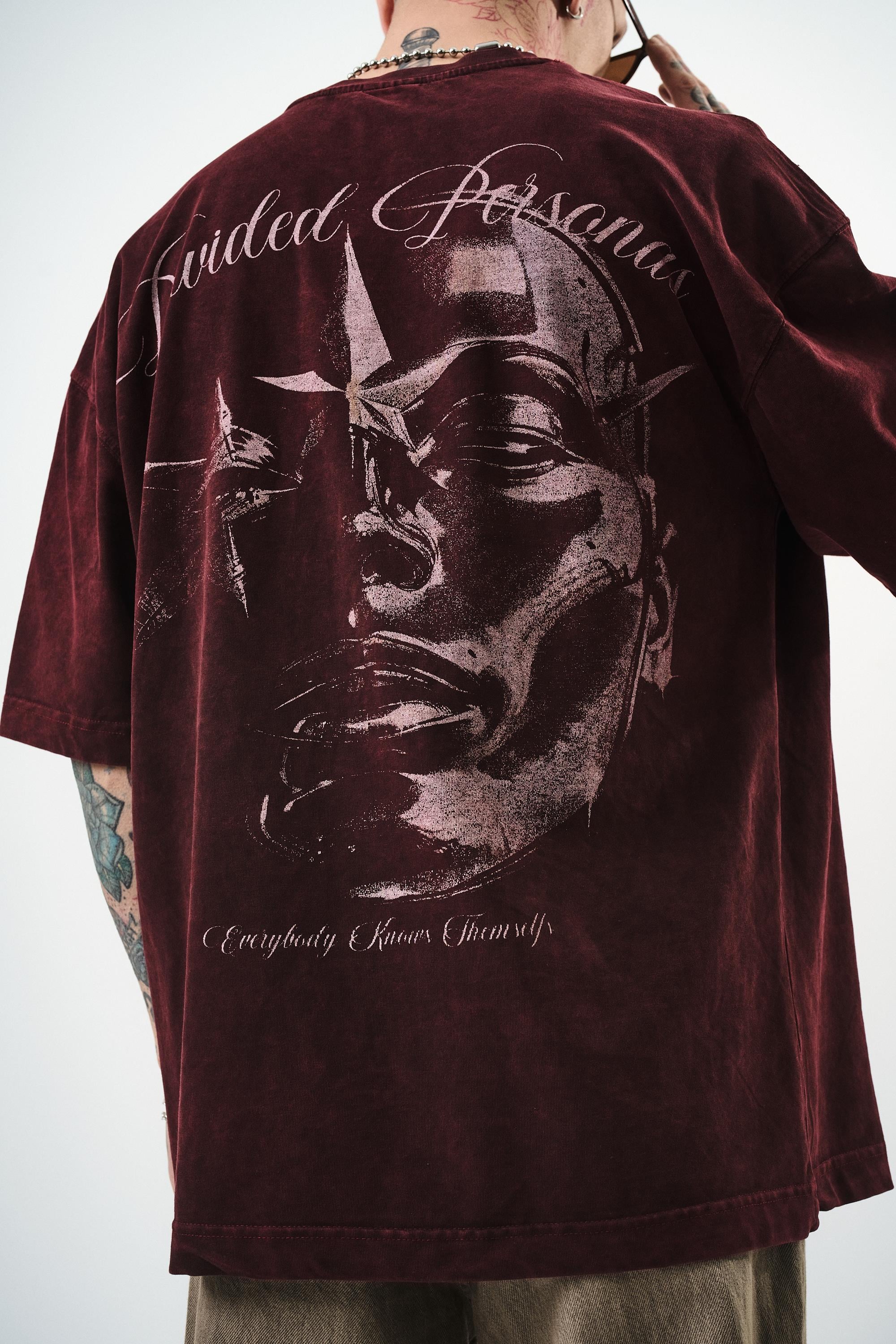 Erkek Divided Personas Baskılı Yıkamalı Oversize T-Shirt Bordo