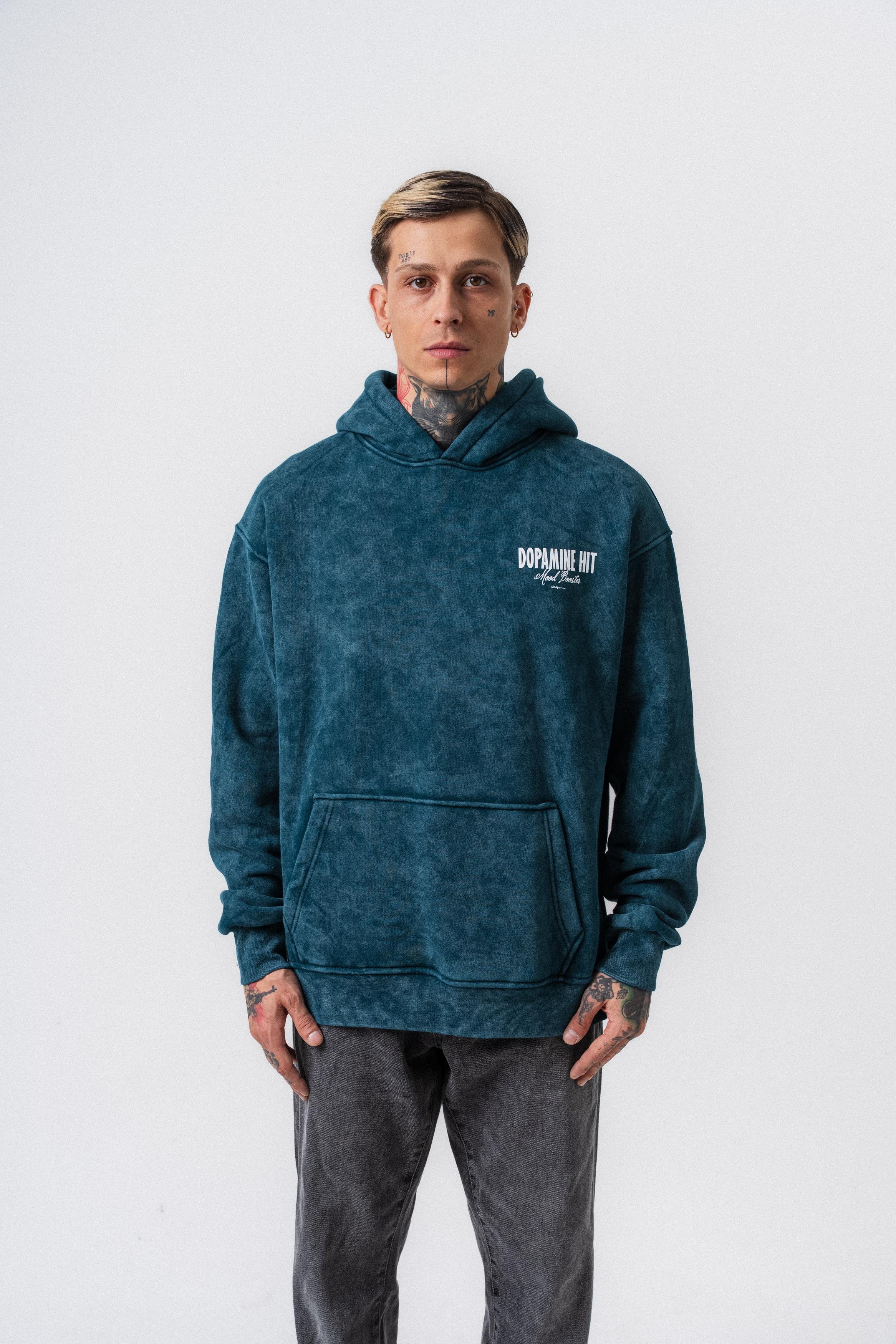 Erkek Dopamine Hit Baskılı Kapüşonlu Oversize Hoodie Zümrüt