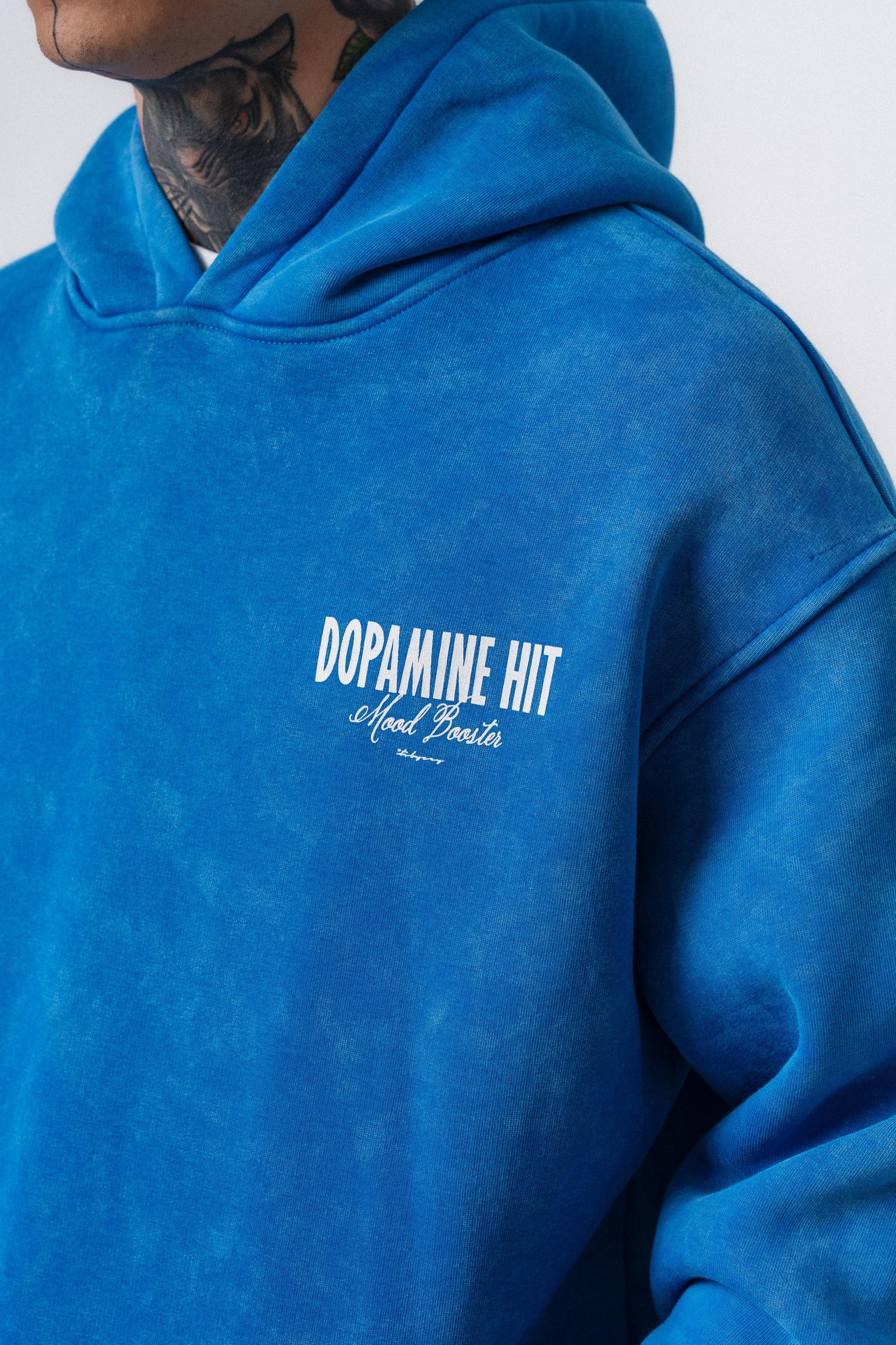 Erkek Dopamine Hit Baskılı Kapüşonlu Oversize Hoodie Mavi