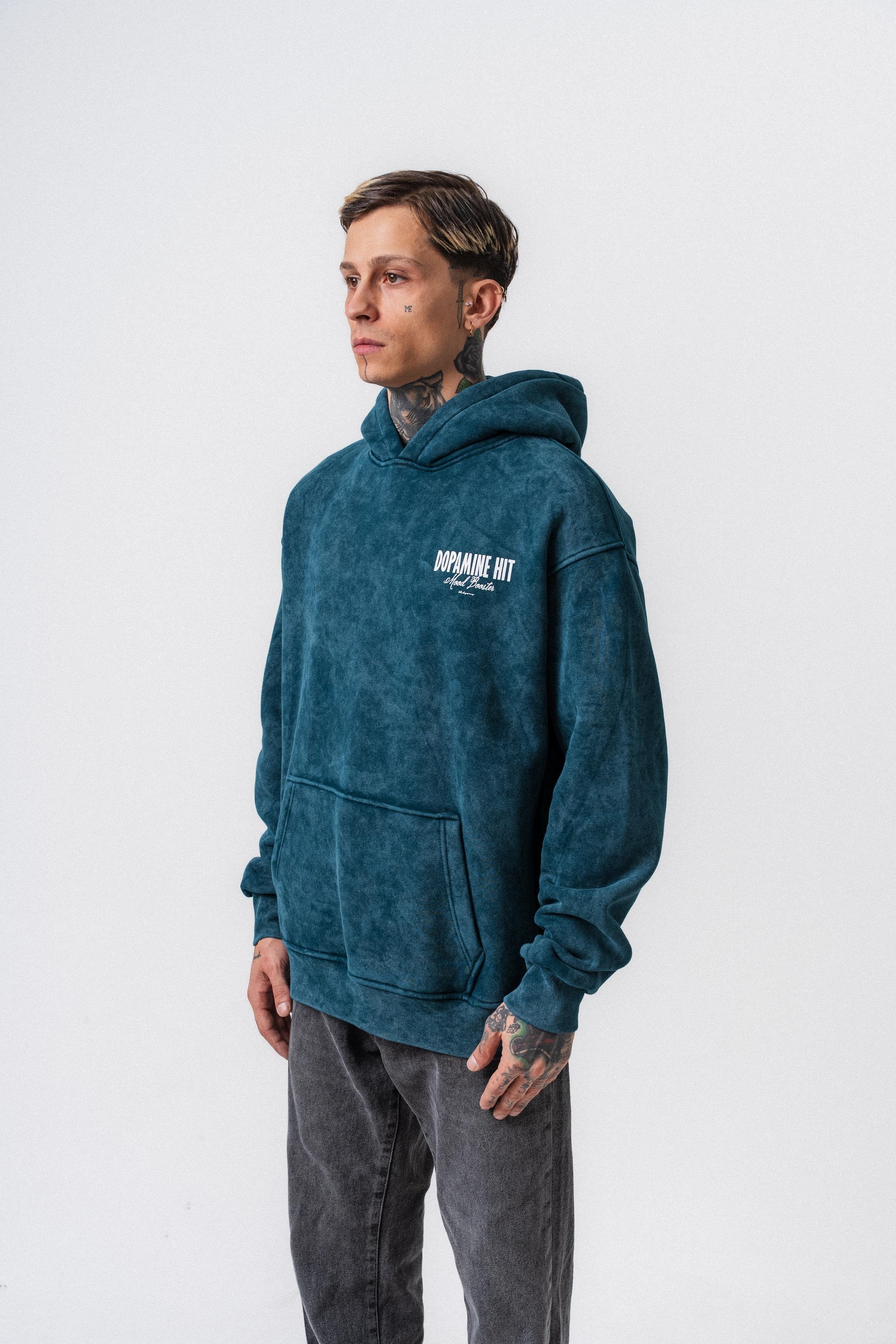 Erkek Dopamine Hit Baskılı Kapüşonlu Oversize Hoodie Zümrüt