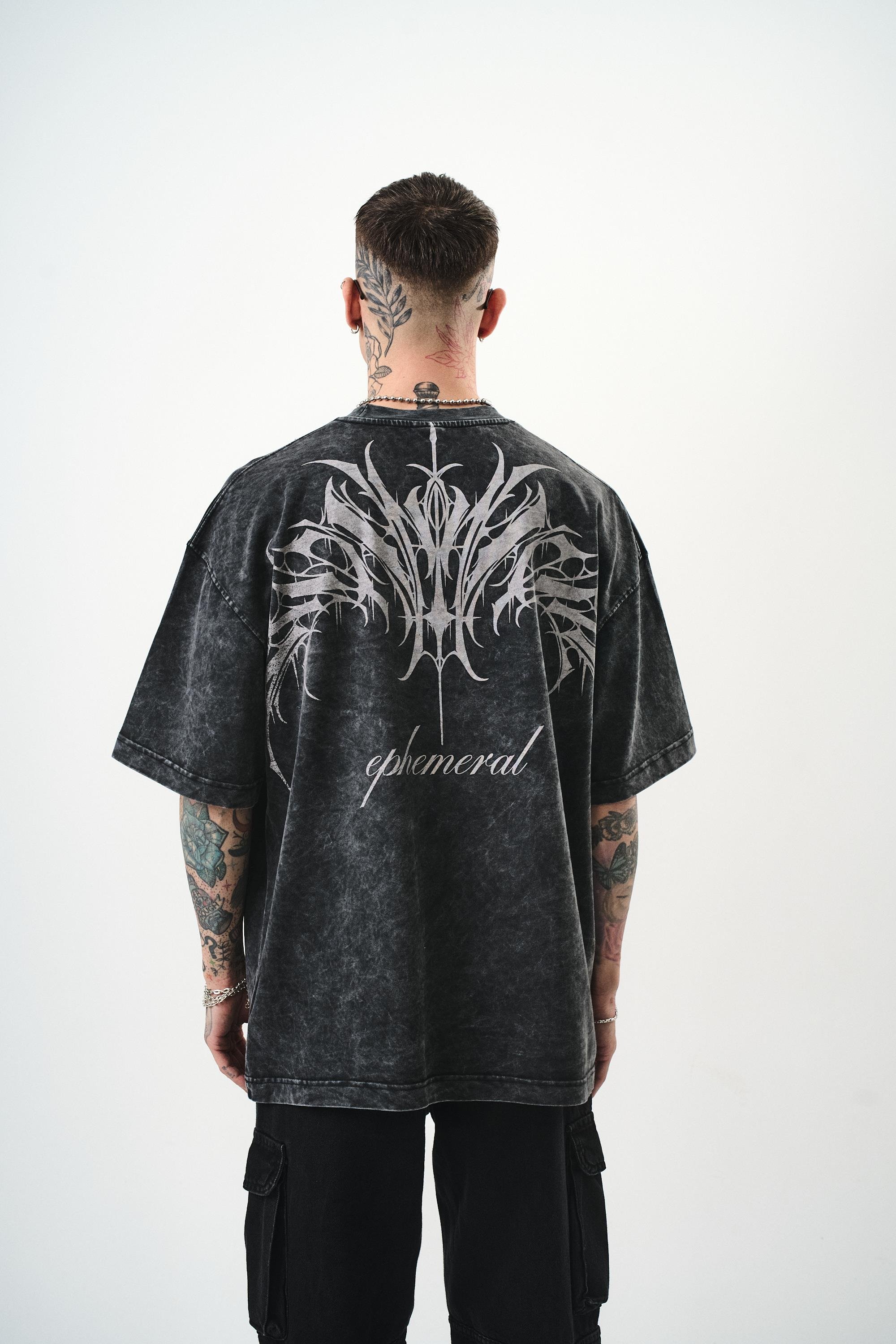 Erkek Ephemeral Baskılı Yıkamalı Oversize T-Shirt Siyah