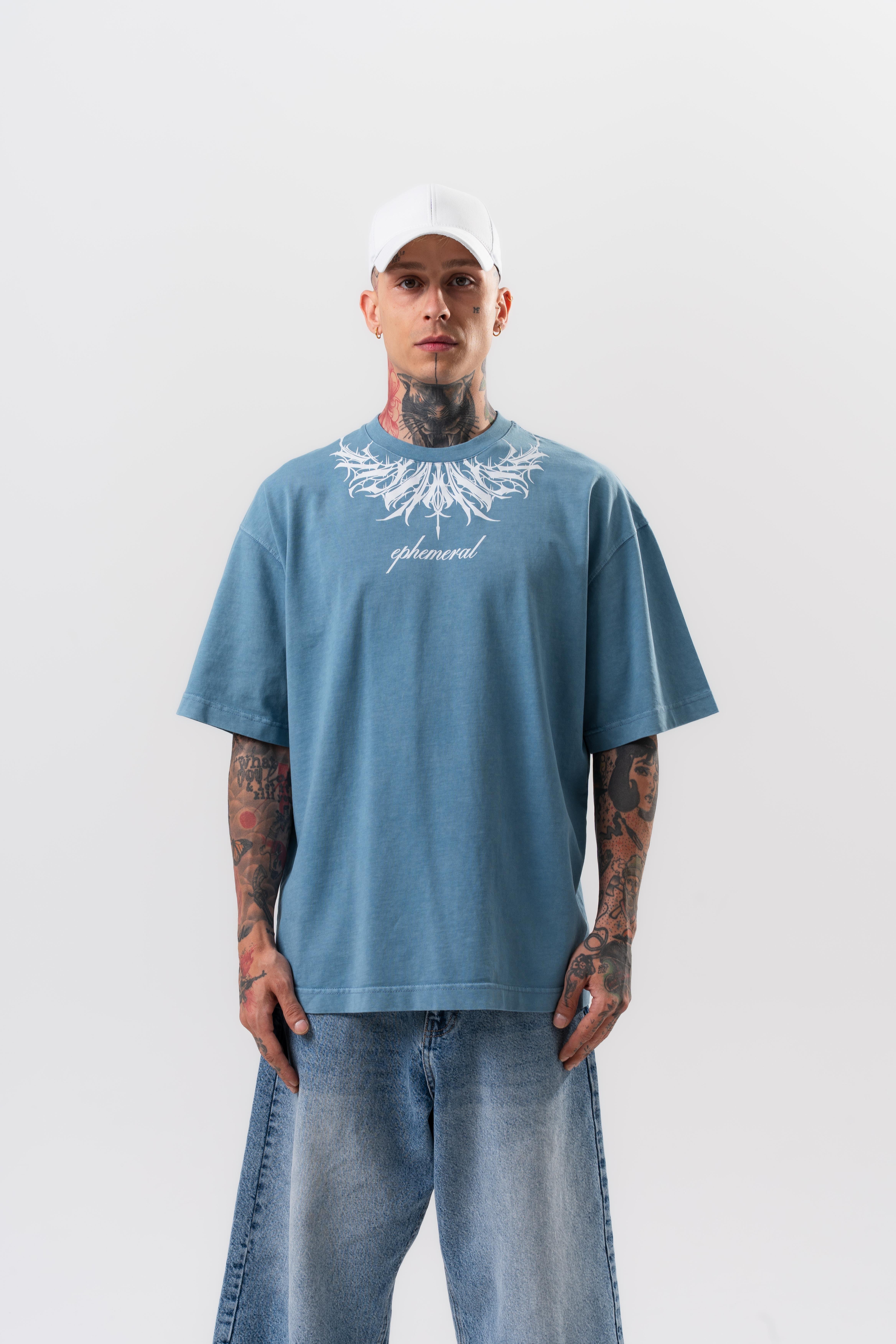 Erkek Ephemeral Baskılı Yıkamalı Oversize T-Shirt Mavi