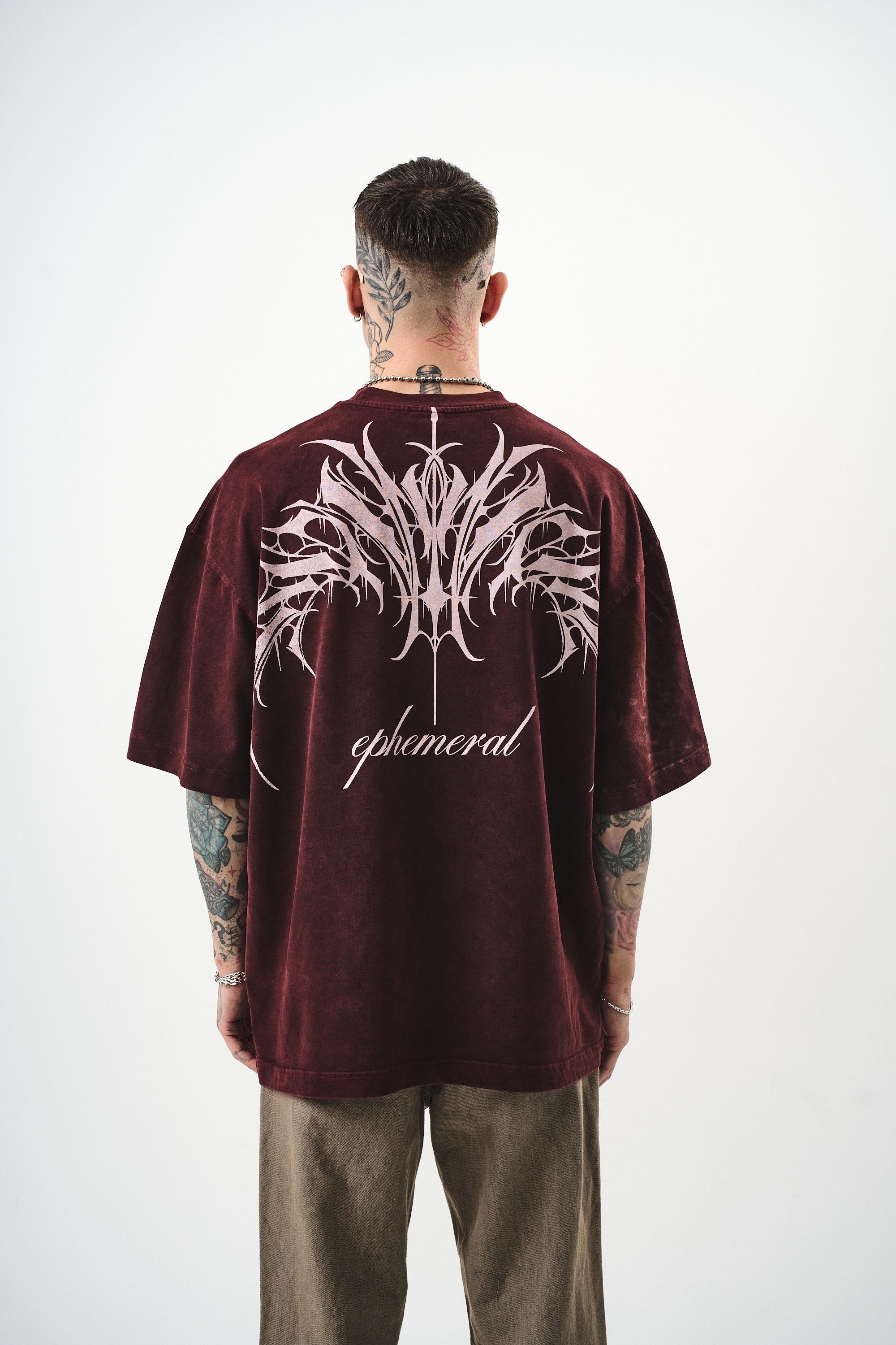 Erkek Ephemeral Baskılı Yıkamalı Oversize T-Shirt Bordo