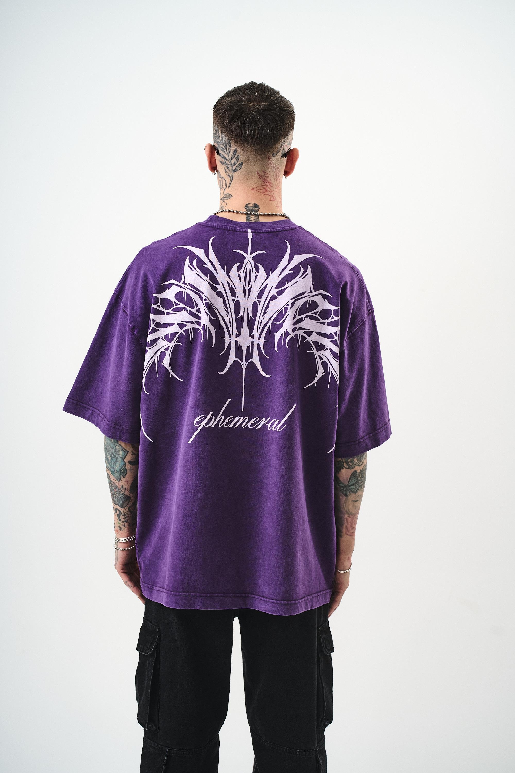 Erkek Ephemeral Baskılı Yıkamalı Oversize T-Shirt Mor