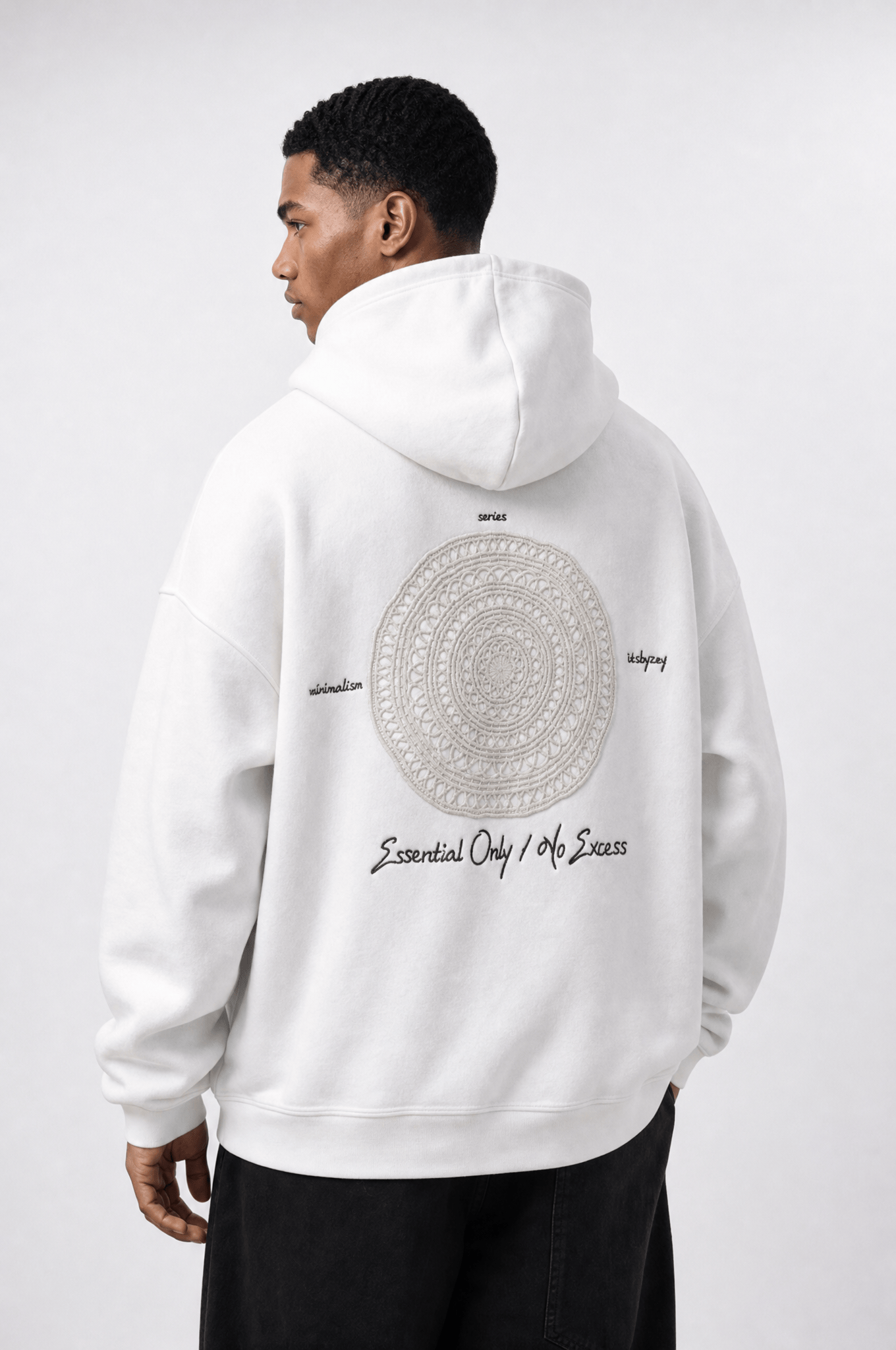 Erkek Essentials Nakışlı Oversize Hoodie Ekru