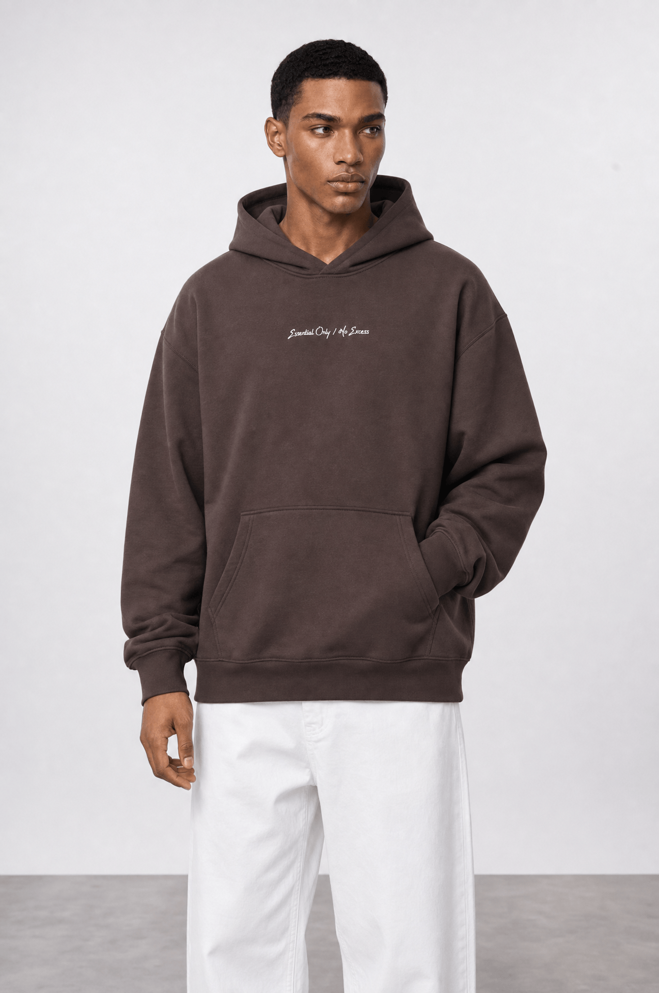 Erkek Essentials Nakışlı Oversize Hoodie Kahve