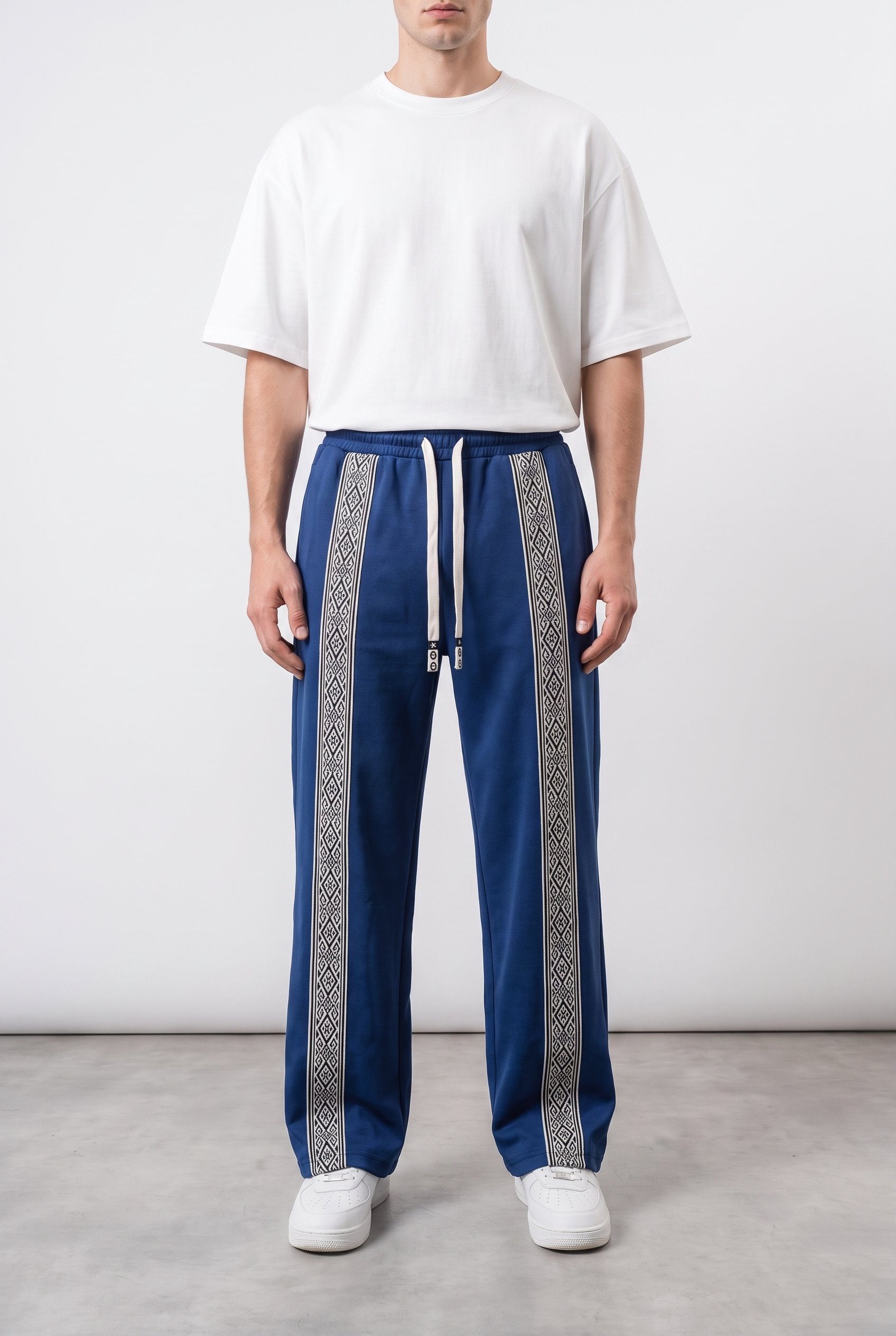 Erkek Etnik Şerit Detaylı Doubleface Baggy Eşofman Altı Lacivert