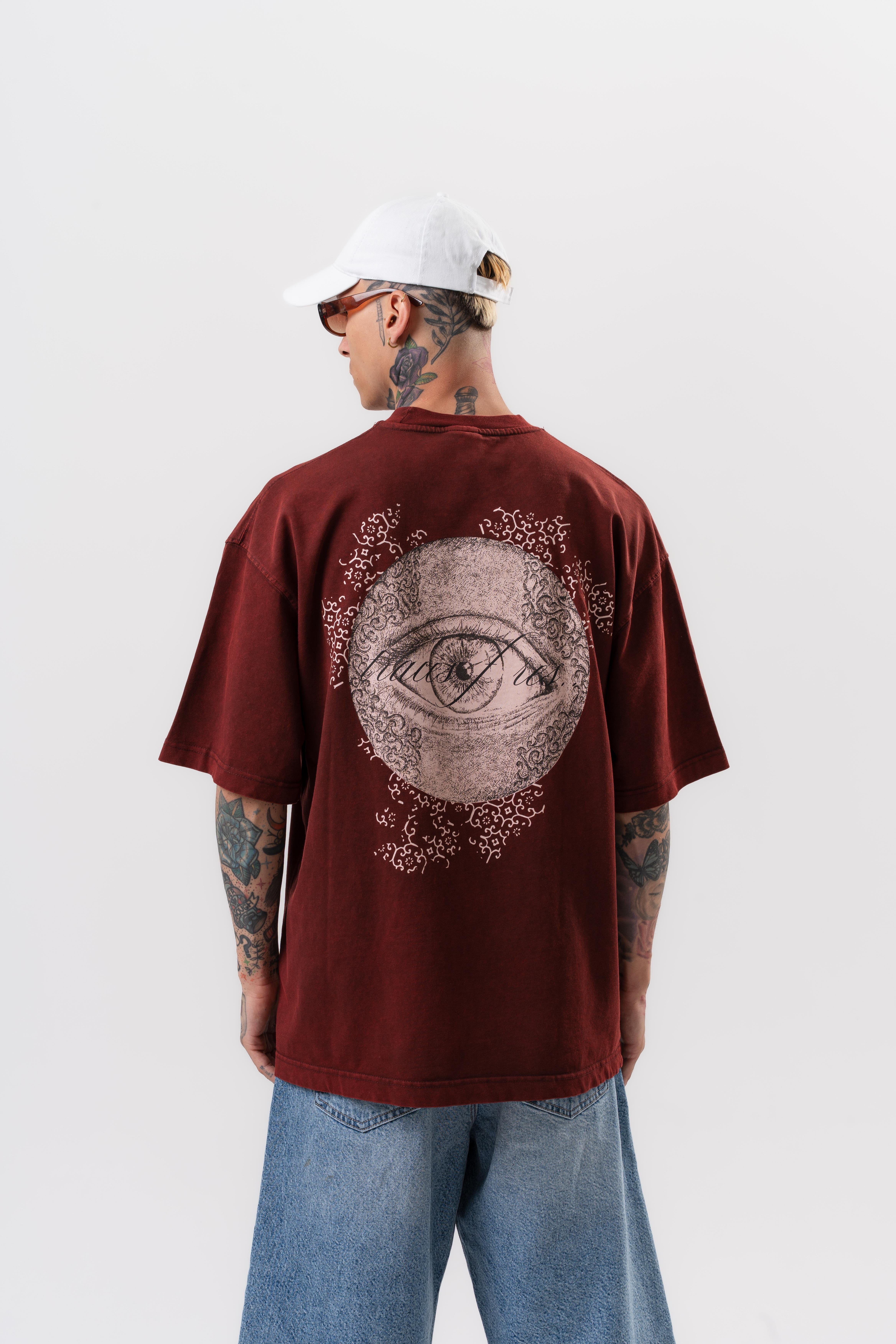 Erkek Eyes Baskılı Yıkamalı Oversize T-Shirt Bordo