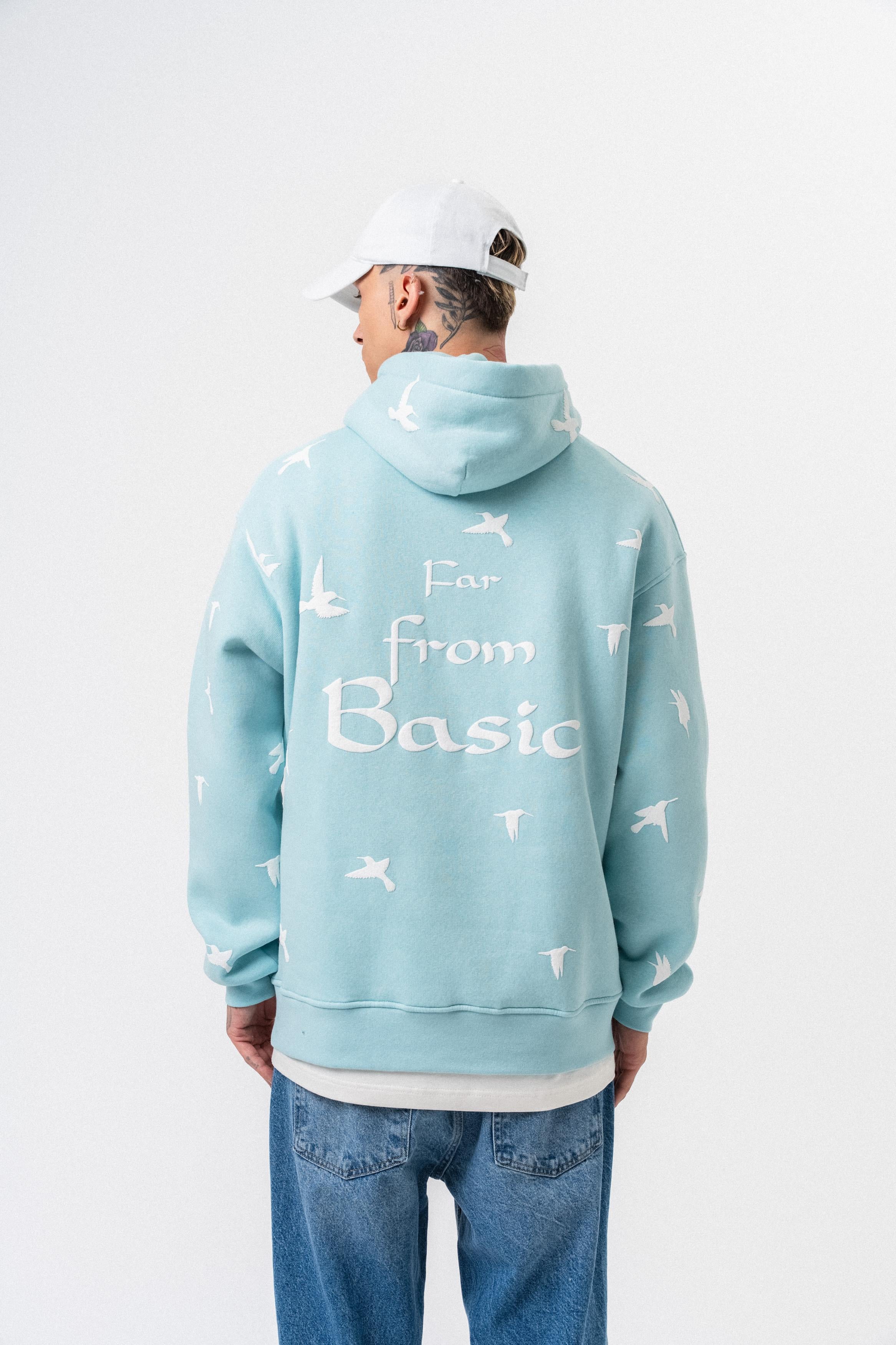 Erkek Far From Basic Baskılı Kapüşonlu Oversize Hoodie Bebe Mavi