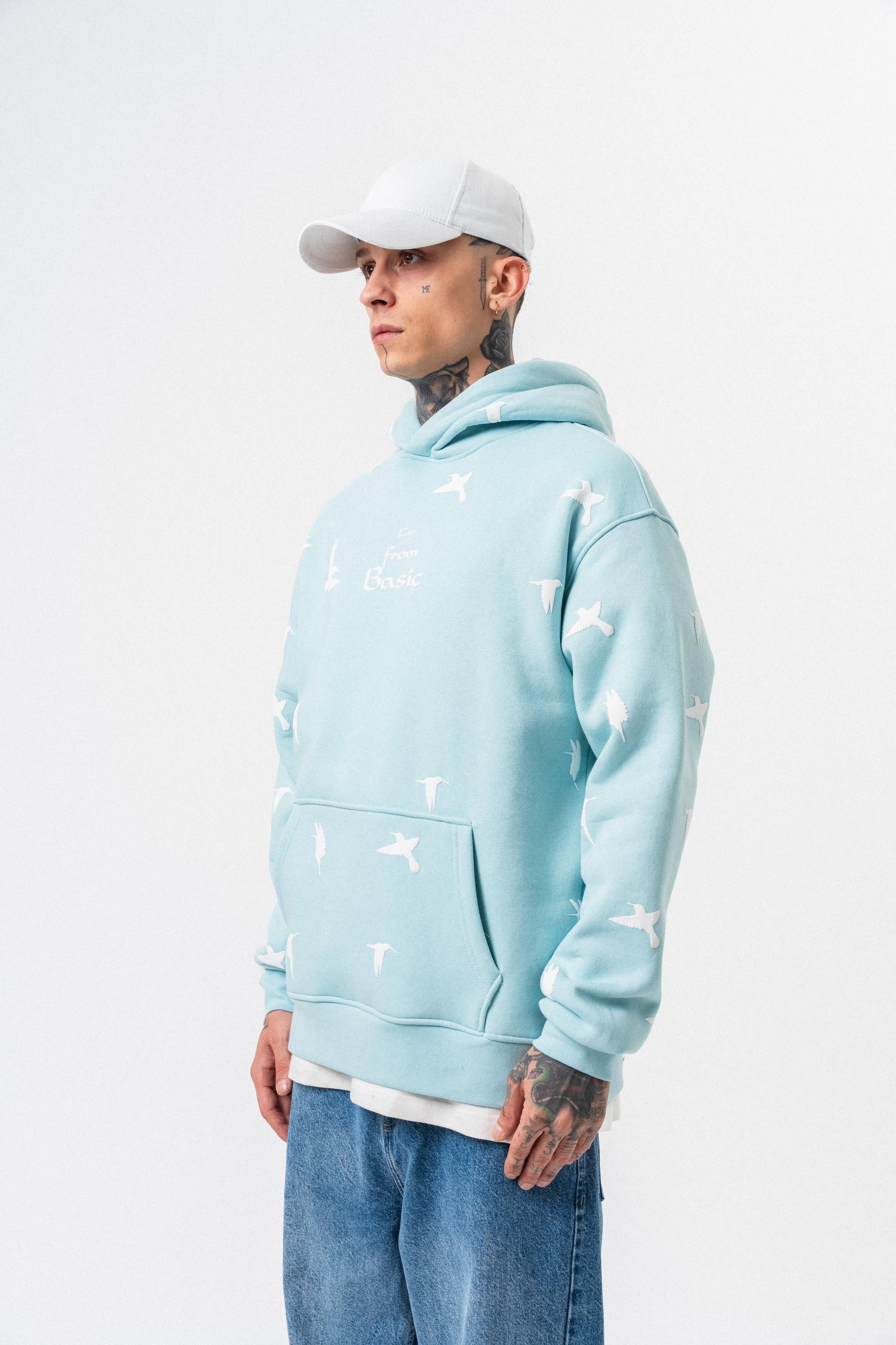 Erkek Far From Basic Baskılı Kapüşonlu Oversize Hoodie Bebe Mavi