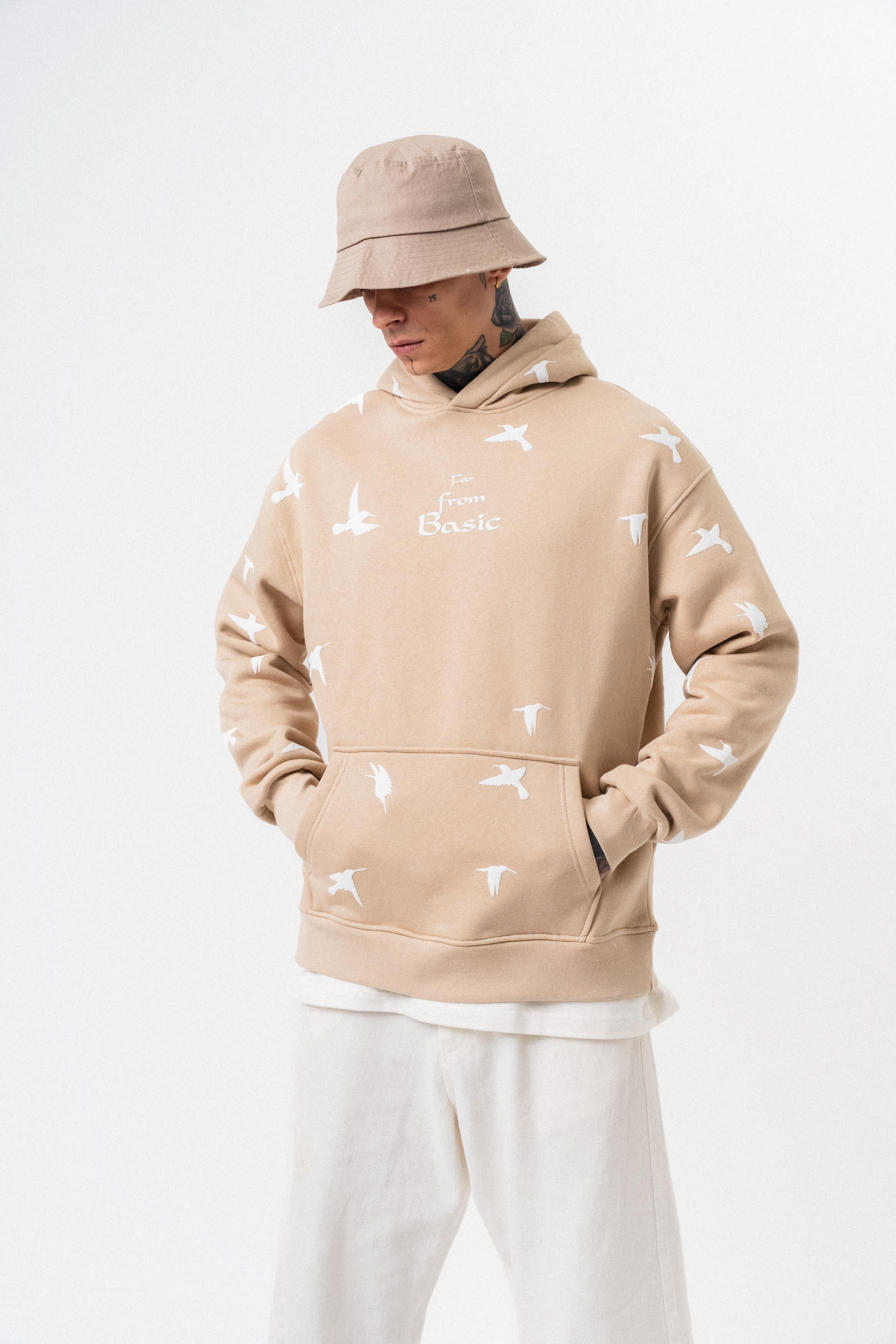 Erkek Far From Basic Baskılı Kapüşonlu Oversize Hoodie Bej