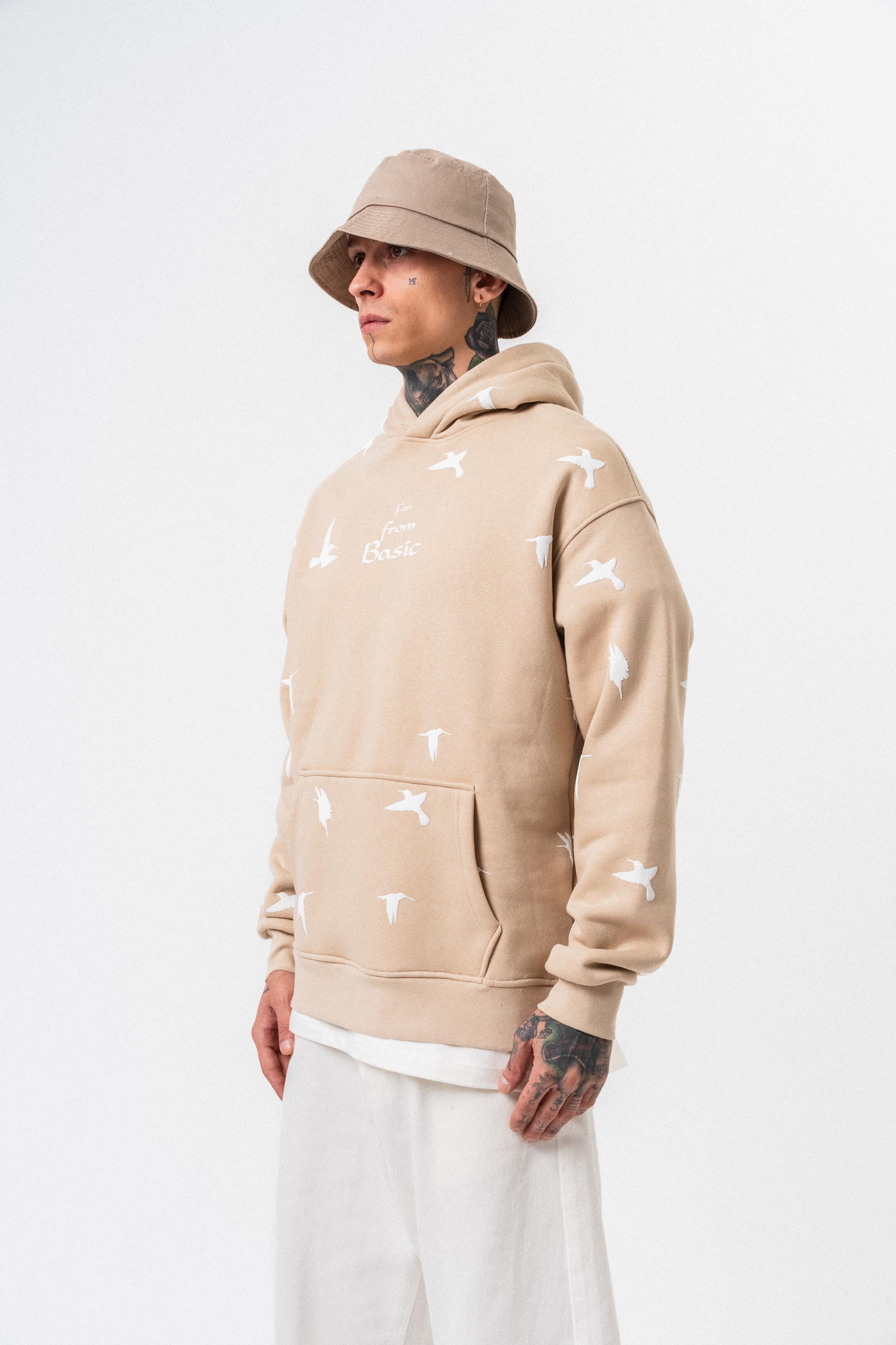 Erkek Far From Basic Baskılı Kapüşonlu Oversize Hoodie Bej