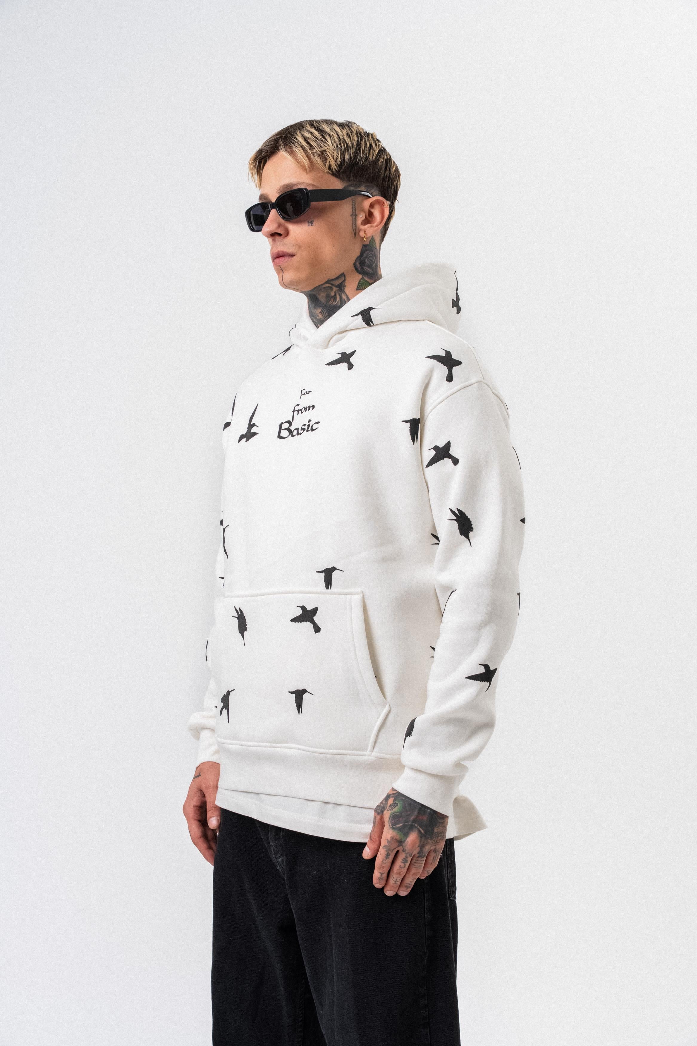 Erkek Far From Basic Baskılı Kapüşonlu Oversize Hoodie Ekru