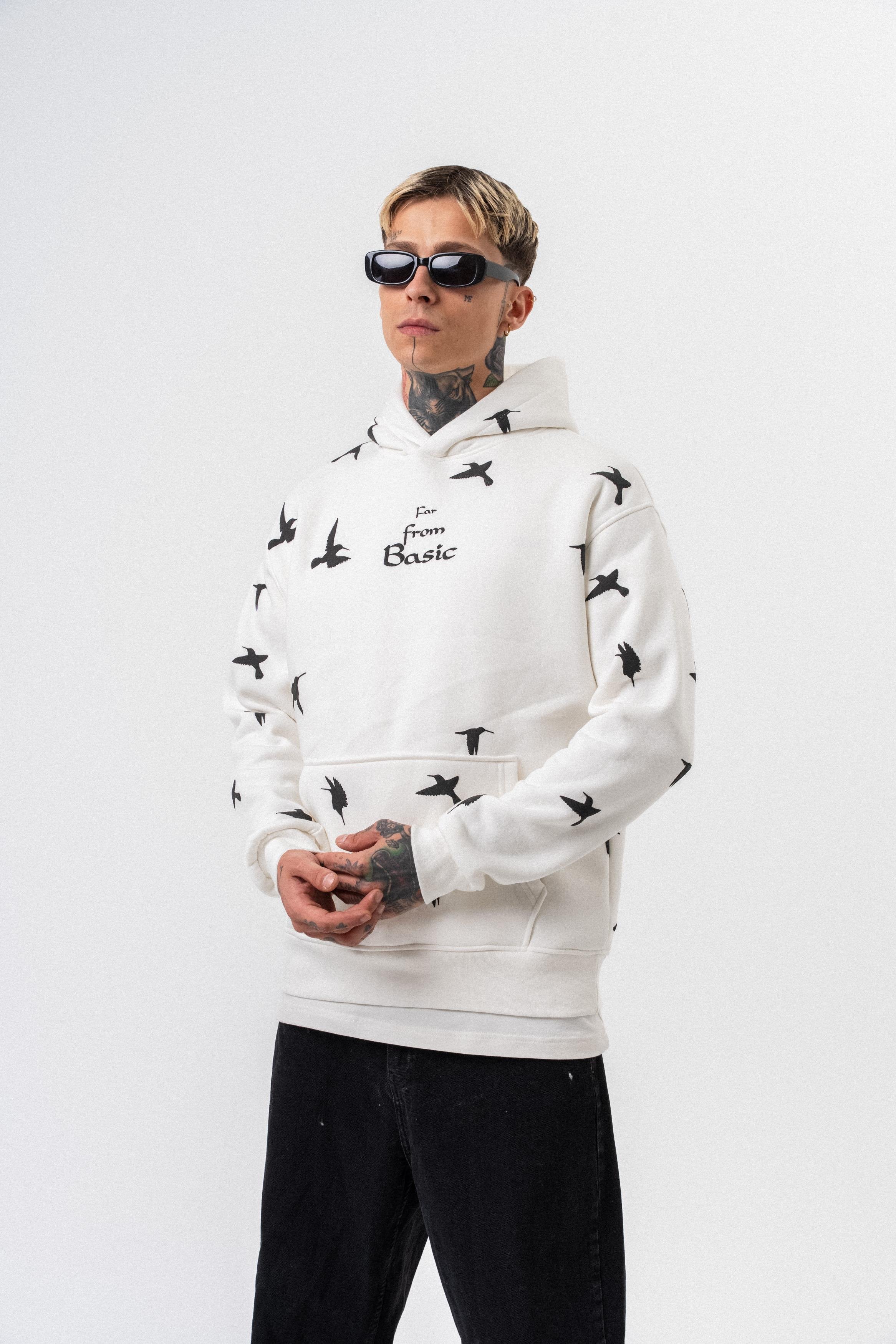 Erkek Far From Basic Baskılı Kapüşonlu Oversize Hoodie Ekru