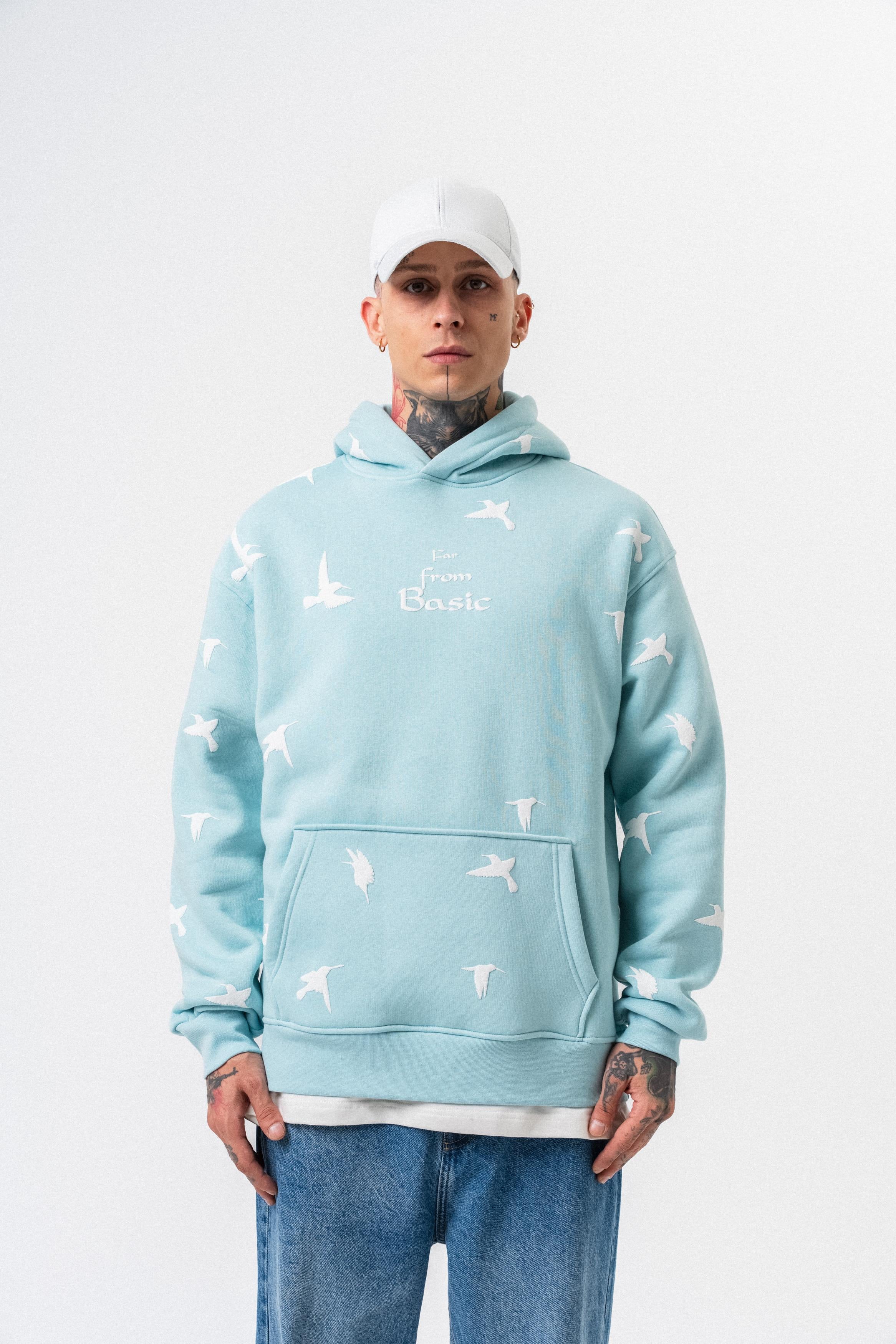 Erkek Far From Basic Baskılı Kapüşonlu Oversize Hoodie Bebe Mavi