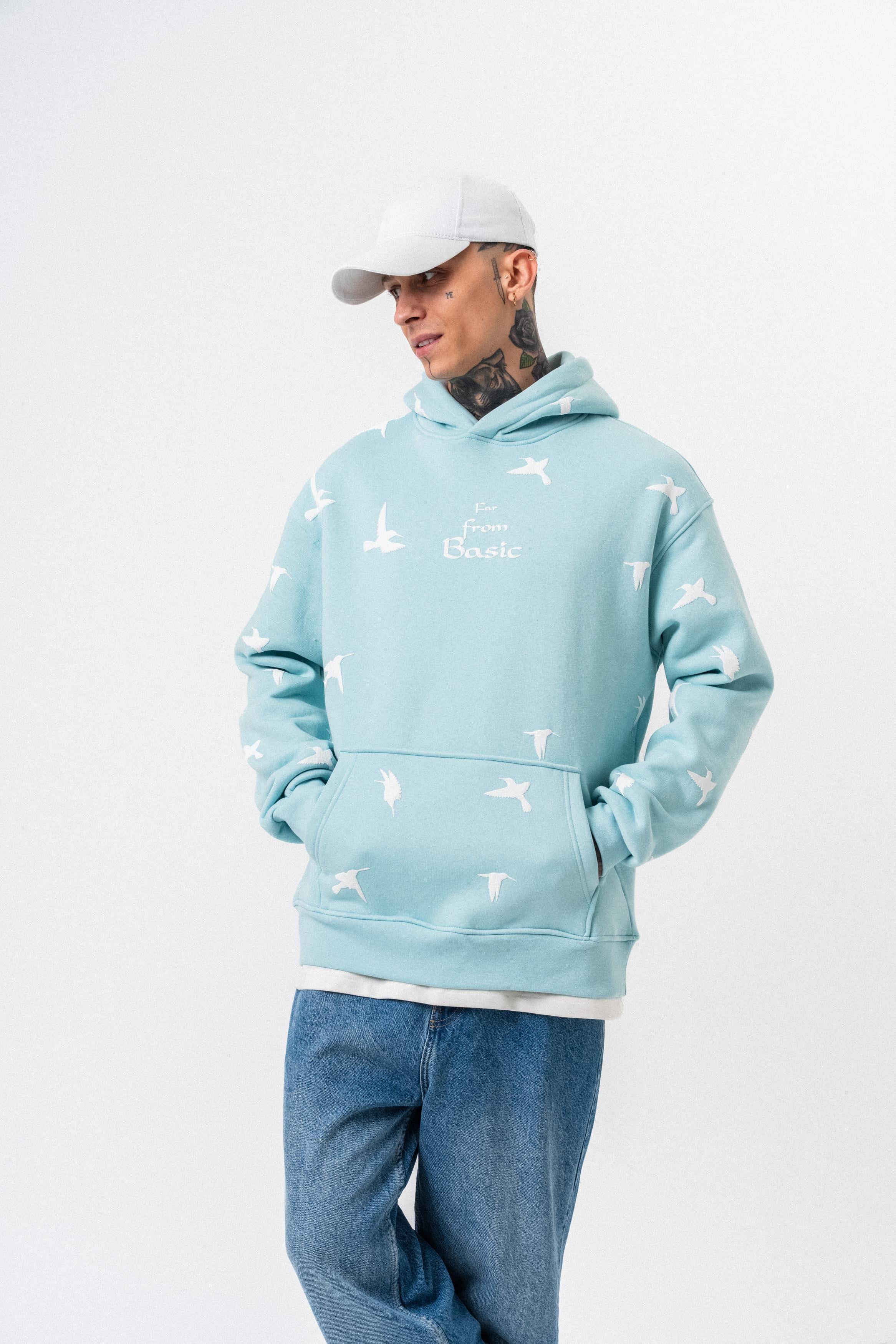 Erkek Far From Basic Baskılı Kapüşonlu Oversize Hoodie Bebe Mavi