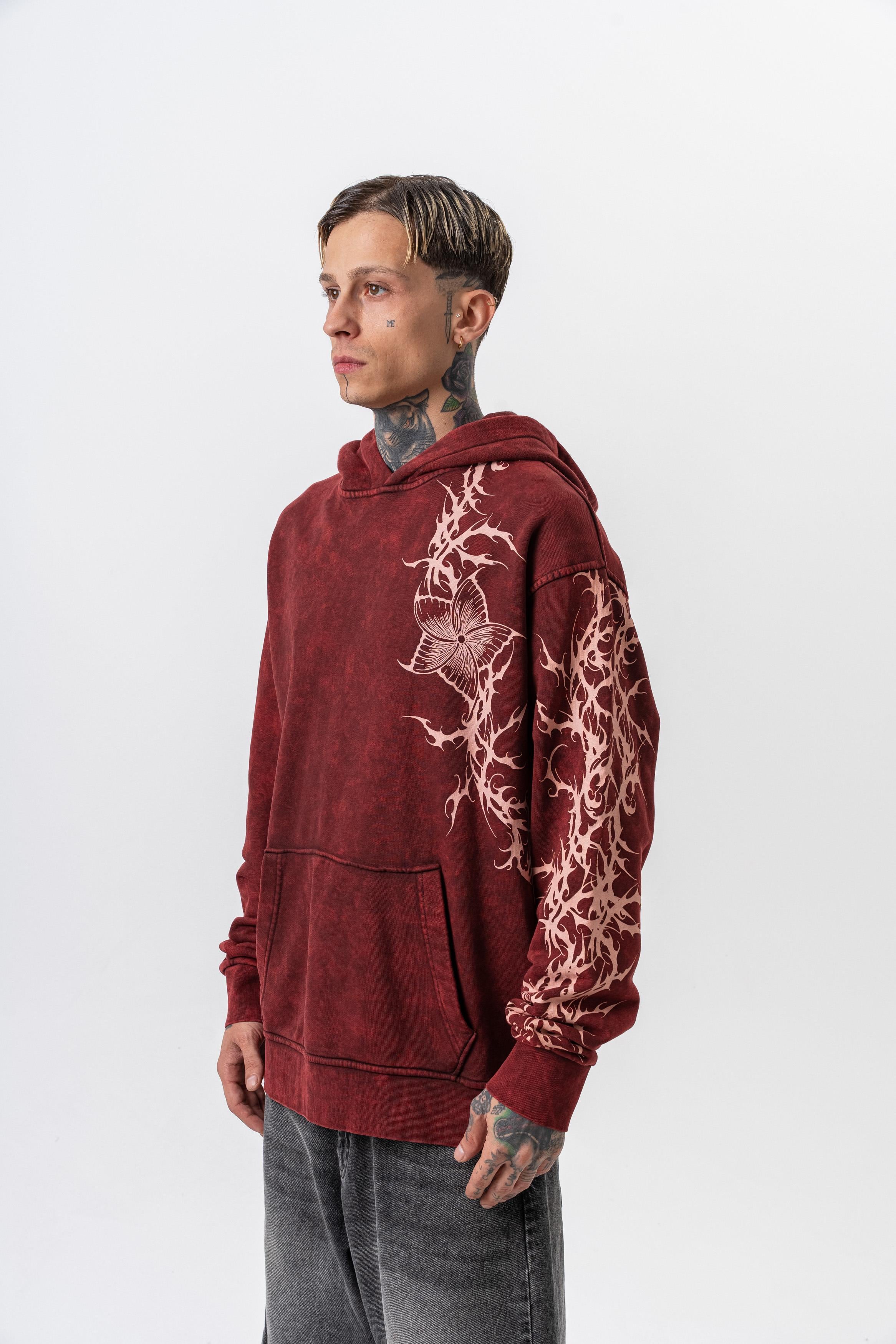 Erkek Far From Basic Baskılı Yıkamalı Kapüşonlu Oversize Hoodie Bordo