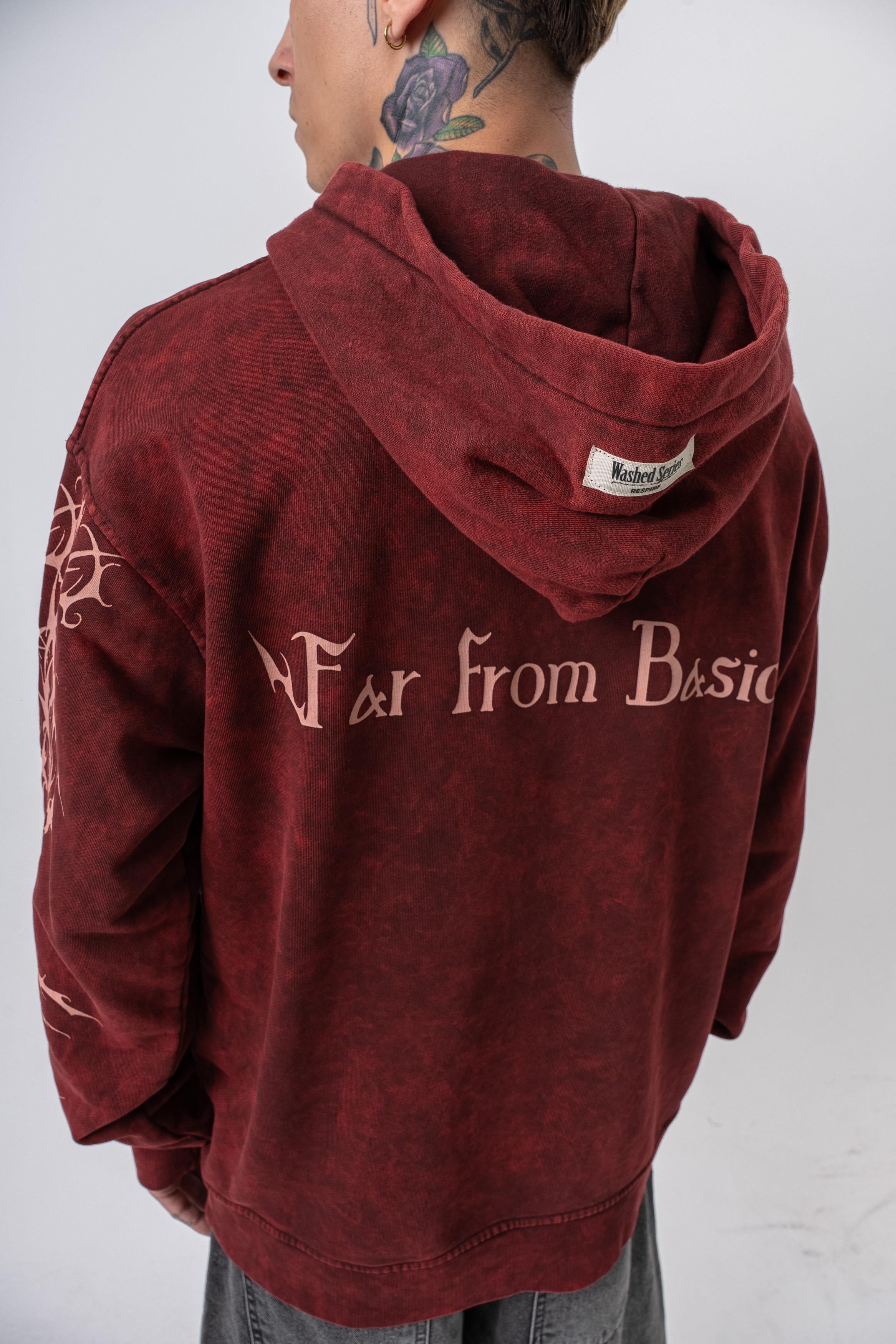 Erkek Far From Basic Baskılı Yıkamalı Kapüşonlu Oversize Hoodie Bordo