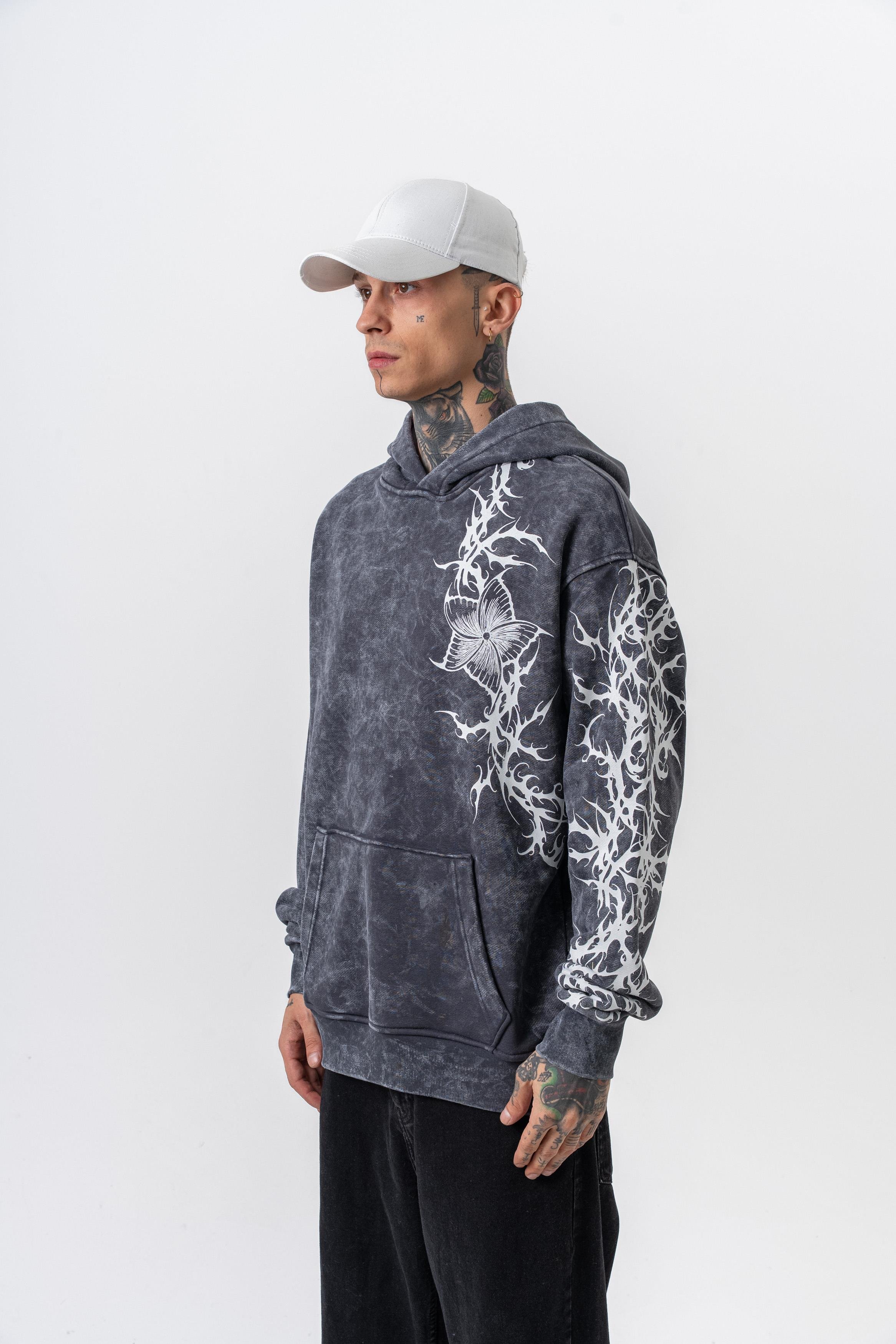 Erkek Far From Basic Baskılı Yıkamalı Kapüşonlu Oversize Hoodie Siyah