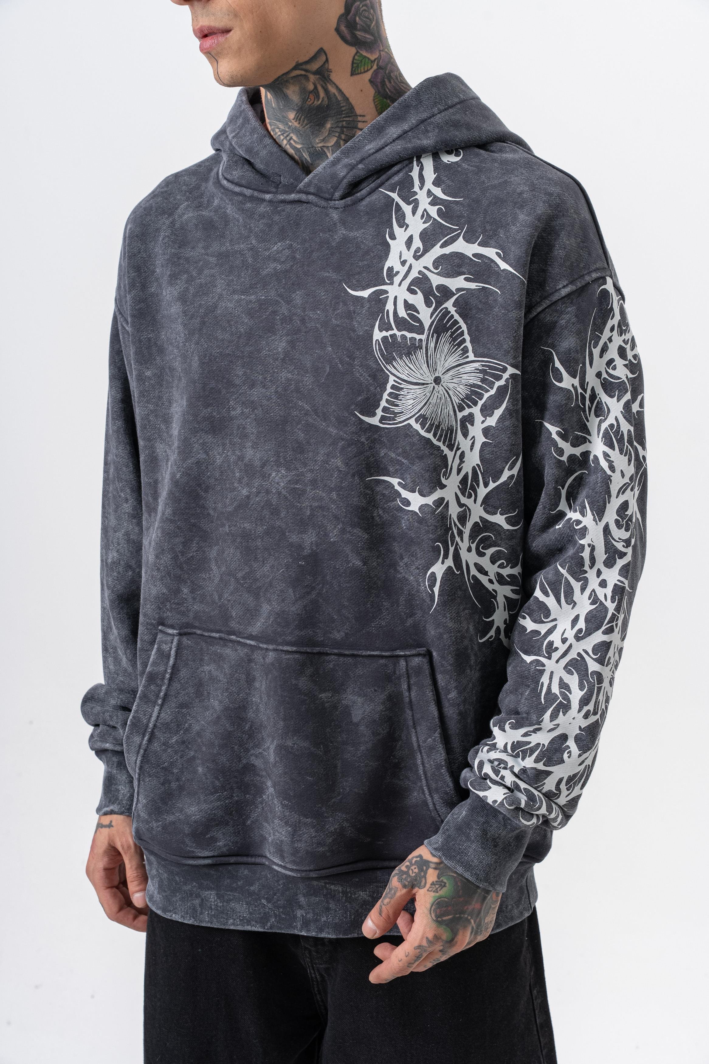 Erkek Far From Basic Baskılı Yıkamalı Kapüşonlu Oversize Hoodie Siyah