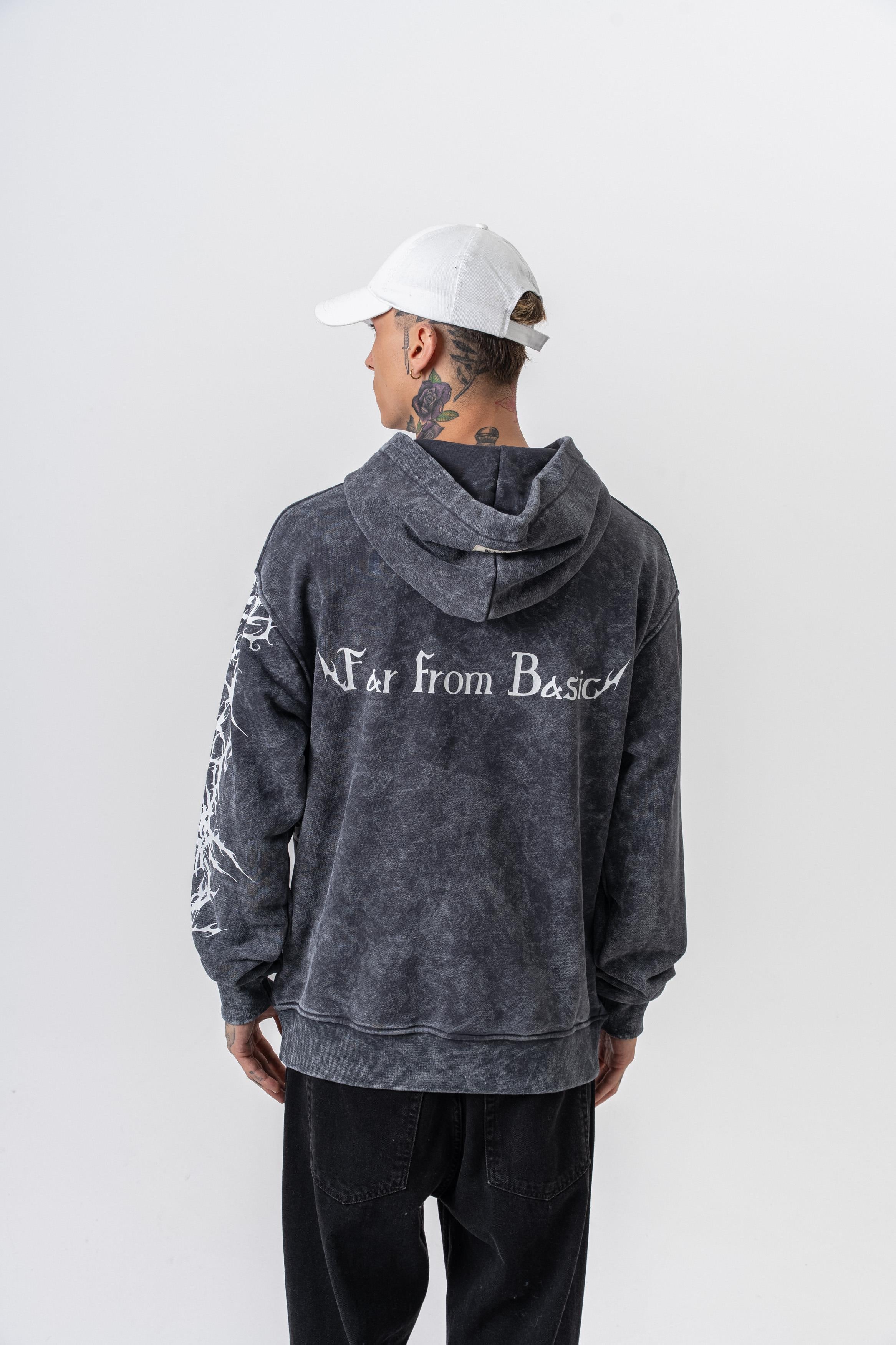 Erkek Far From Basic Baskılı Yıkamalı Kapüşonlu Oversize Hoodie Siyah