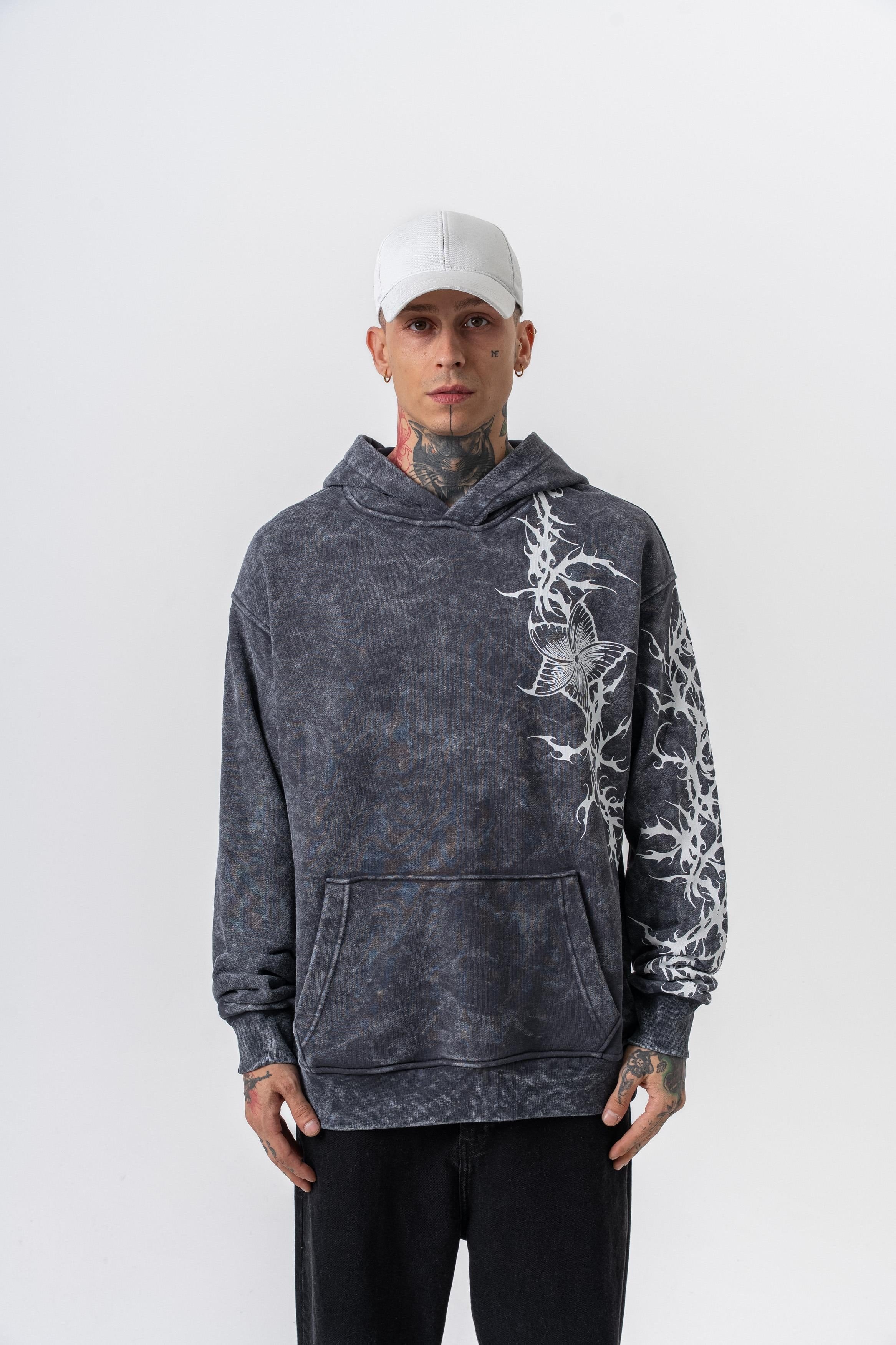 Erkek Far From Basic Baskılı Yıkamalı Kapüşonlu Oversize Hoodie Siyah
