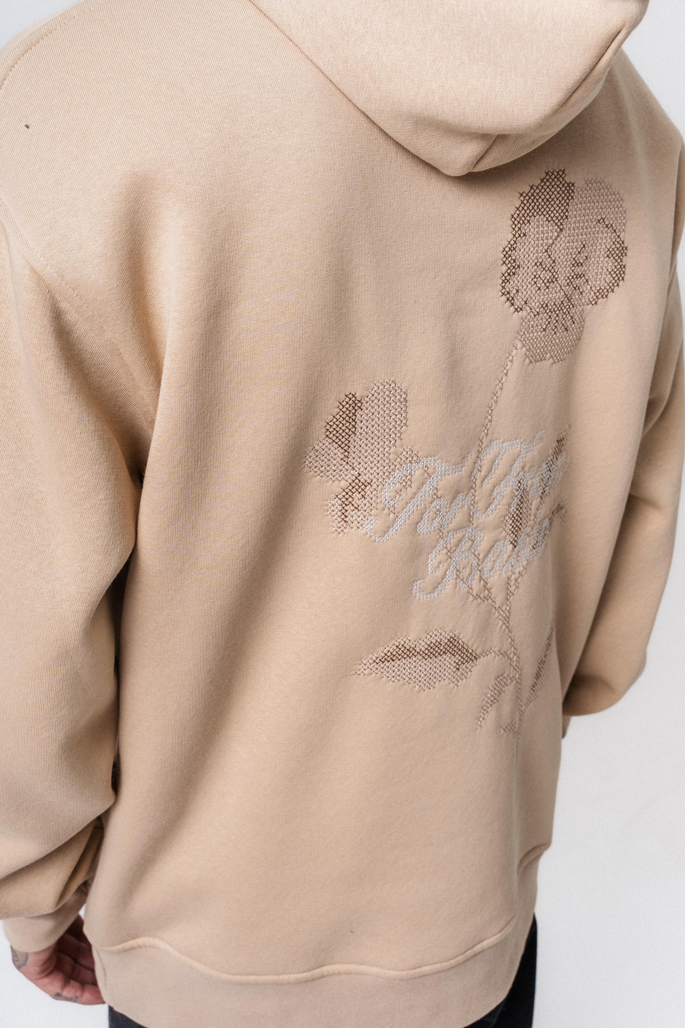 Erkek Far From Basic Nakışlı Kapüşonlu Oversize Hoodie Bej