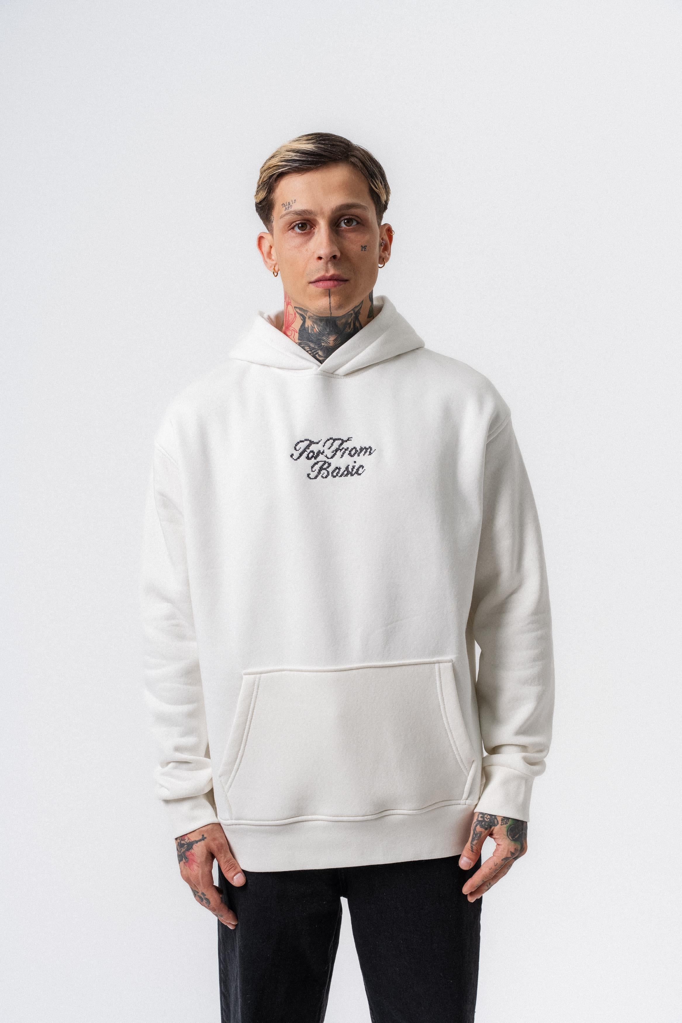 Erkek Far From Basic Nakışlı Kapüşonlu Oversize Hoodie Ekru