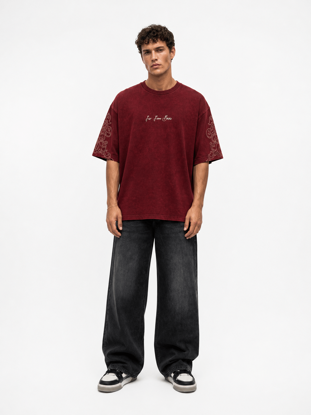 Erkek Far From Basic Yıkamalı Oversize T-Shirt Bordo
