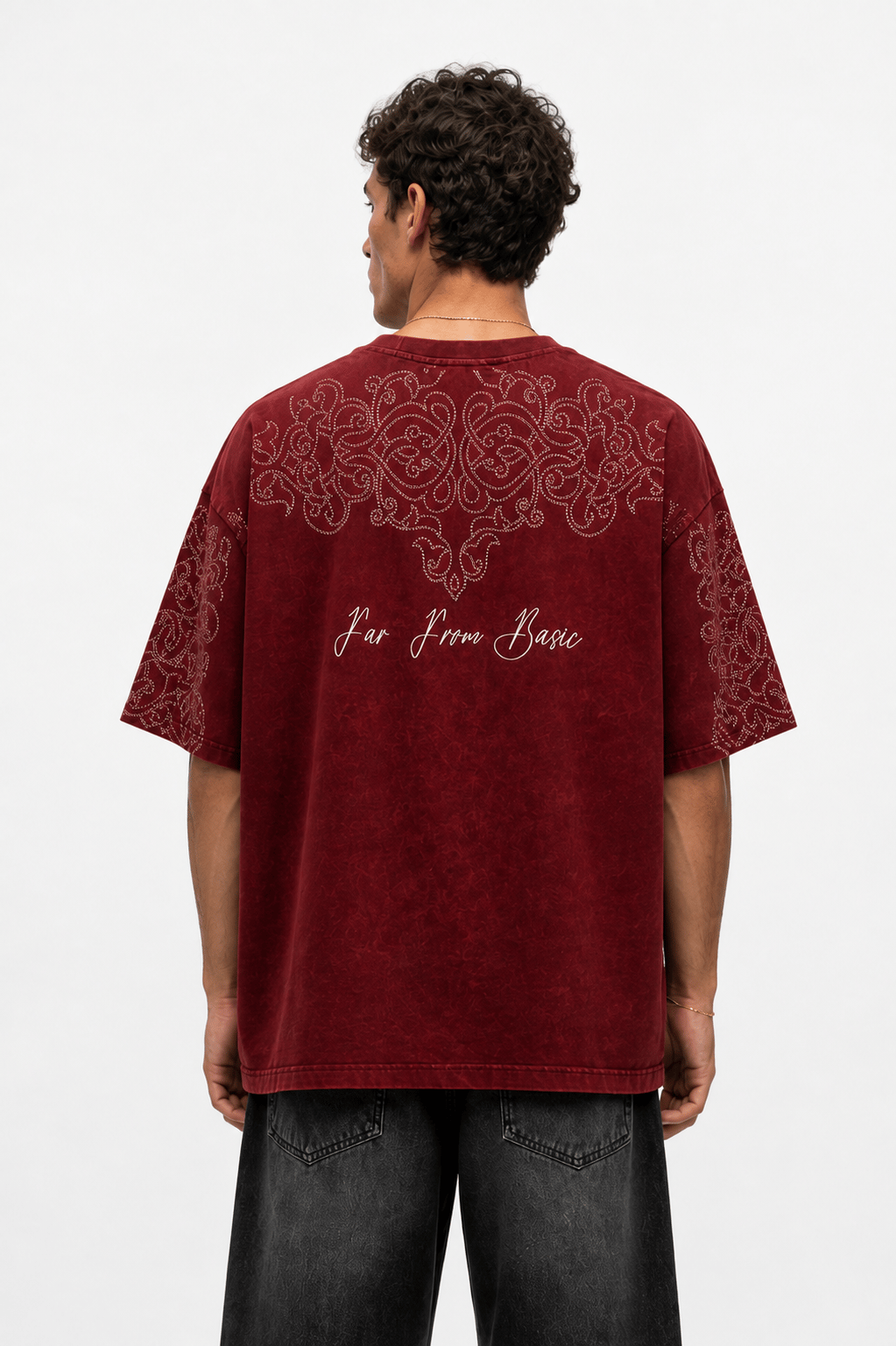 Erkek Far From Basic Yıkamalı Oversize T-Shirt Bordo
