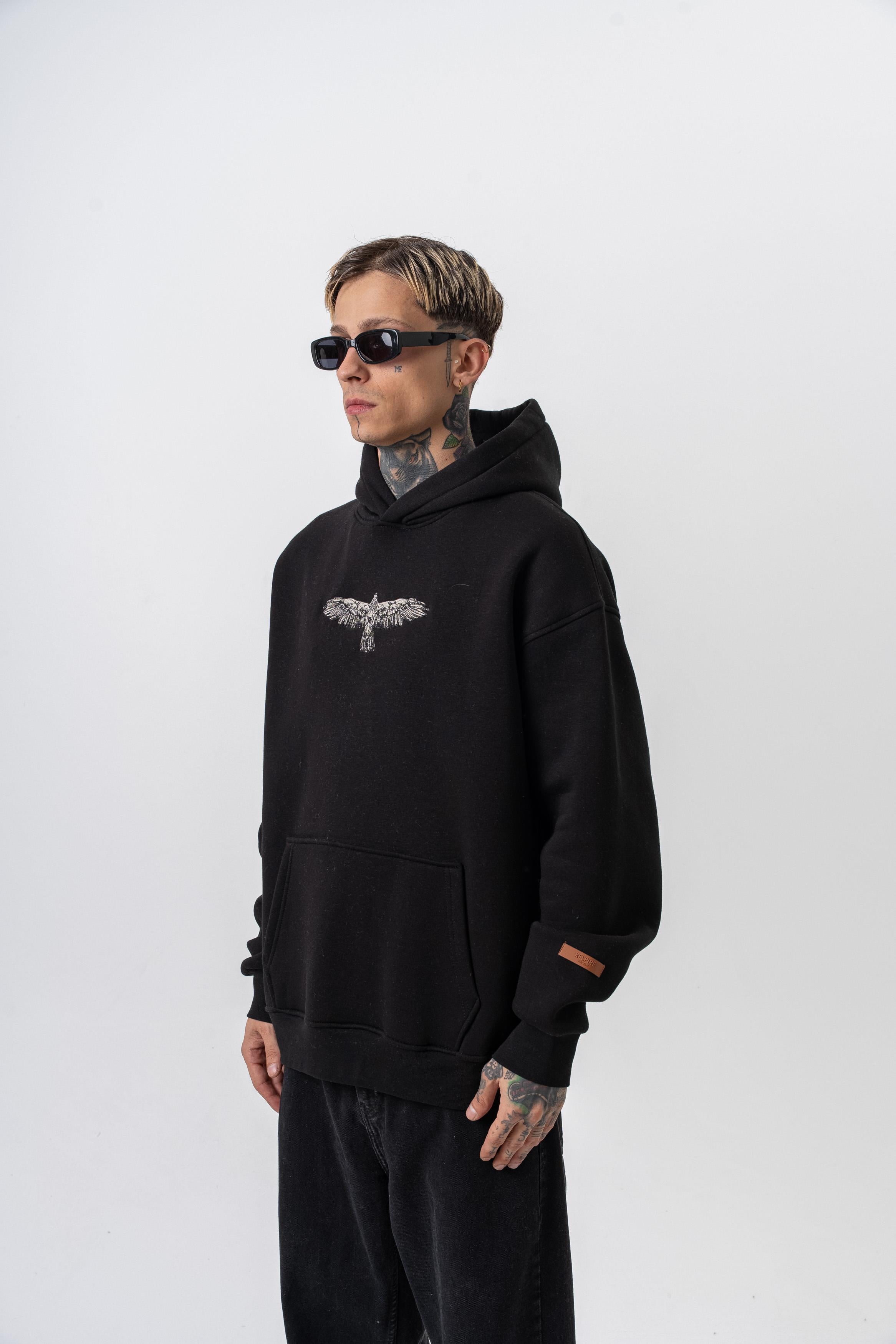 Erkek Feel Baskılı Kapüşonlu Oversize Hoodie Siyah