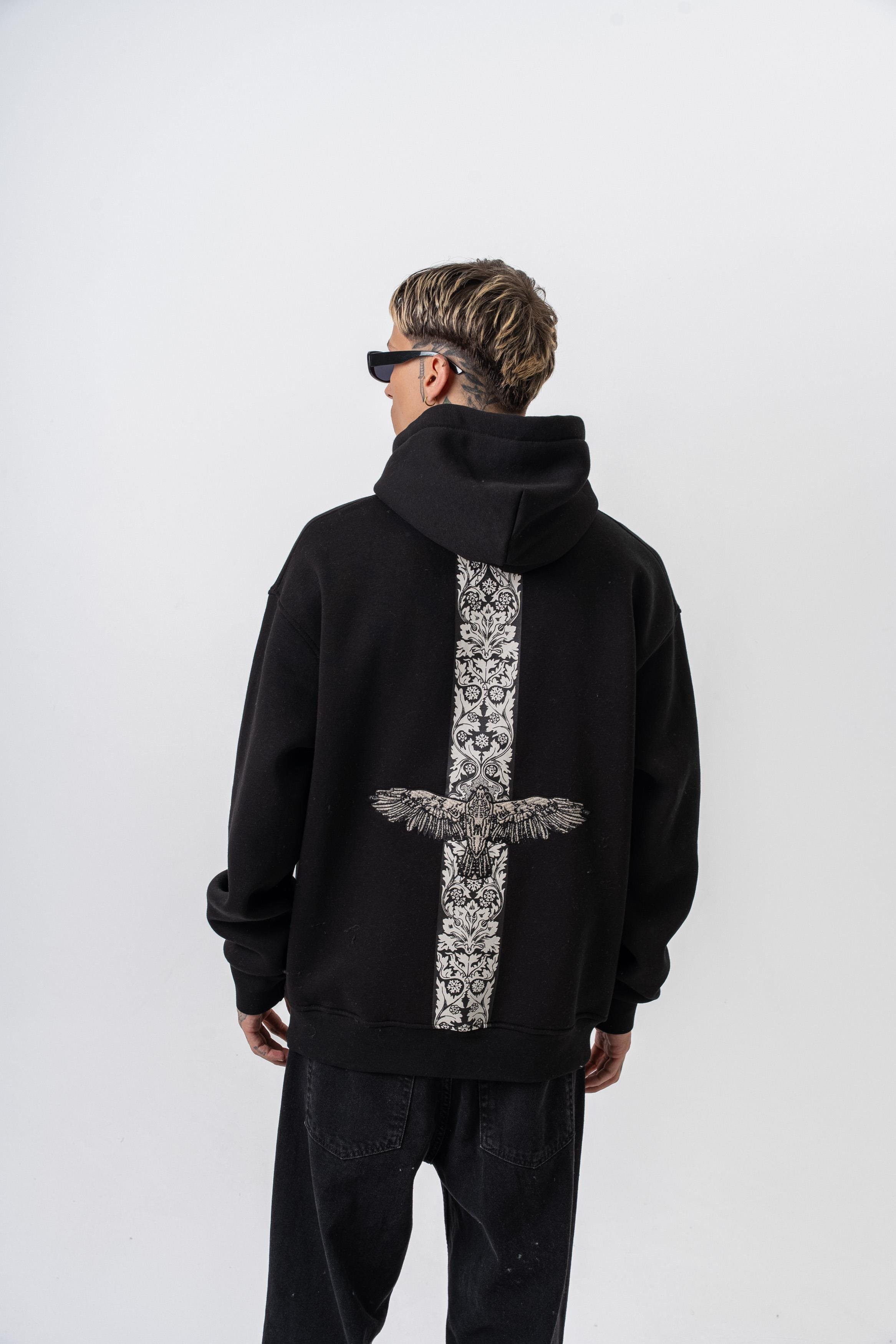 Erkek Feel Baskılı Kapüşonlu Oversize Hoodie Siyah