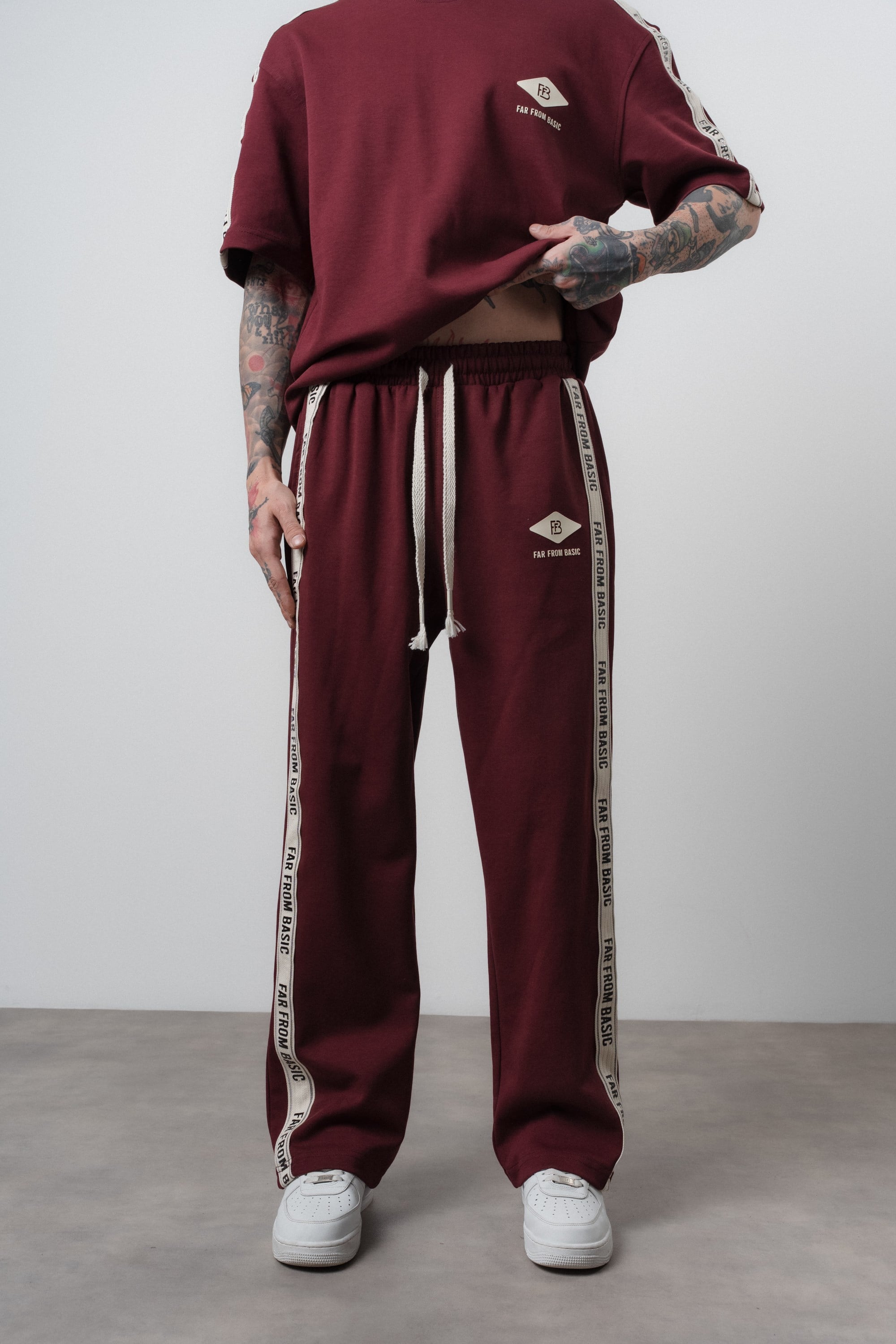 Erkek FFB Şerit Detaylı Baggy Eşofman Altı Bordo