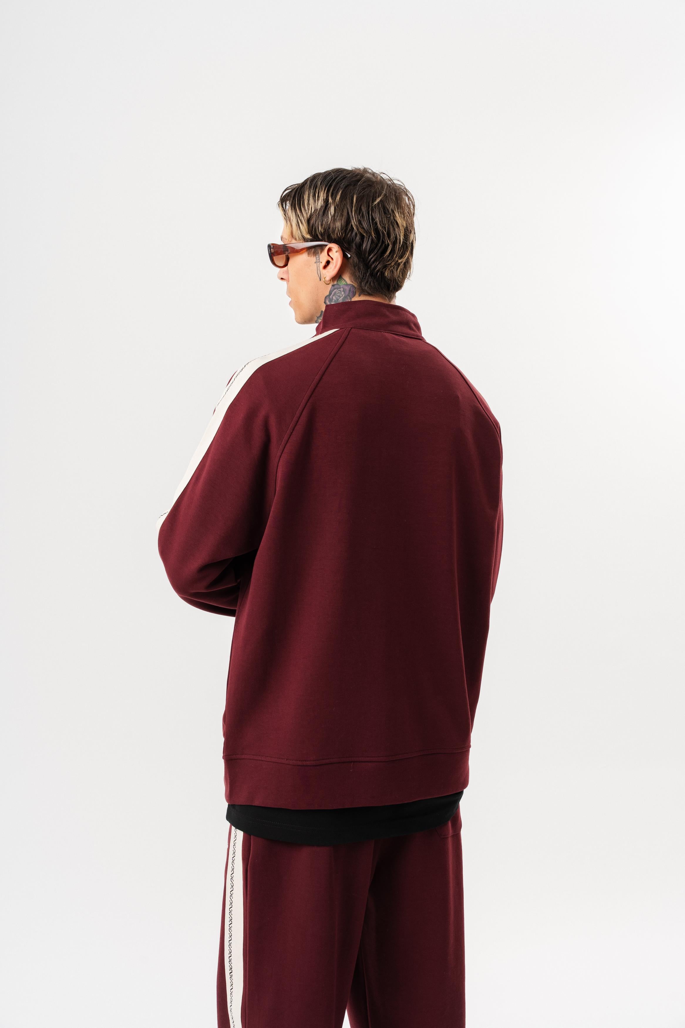 Erkek FFB Şerit Detaylı Dik Yaka Doubleface Zip Oversize Sweatshirt Bordo