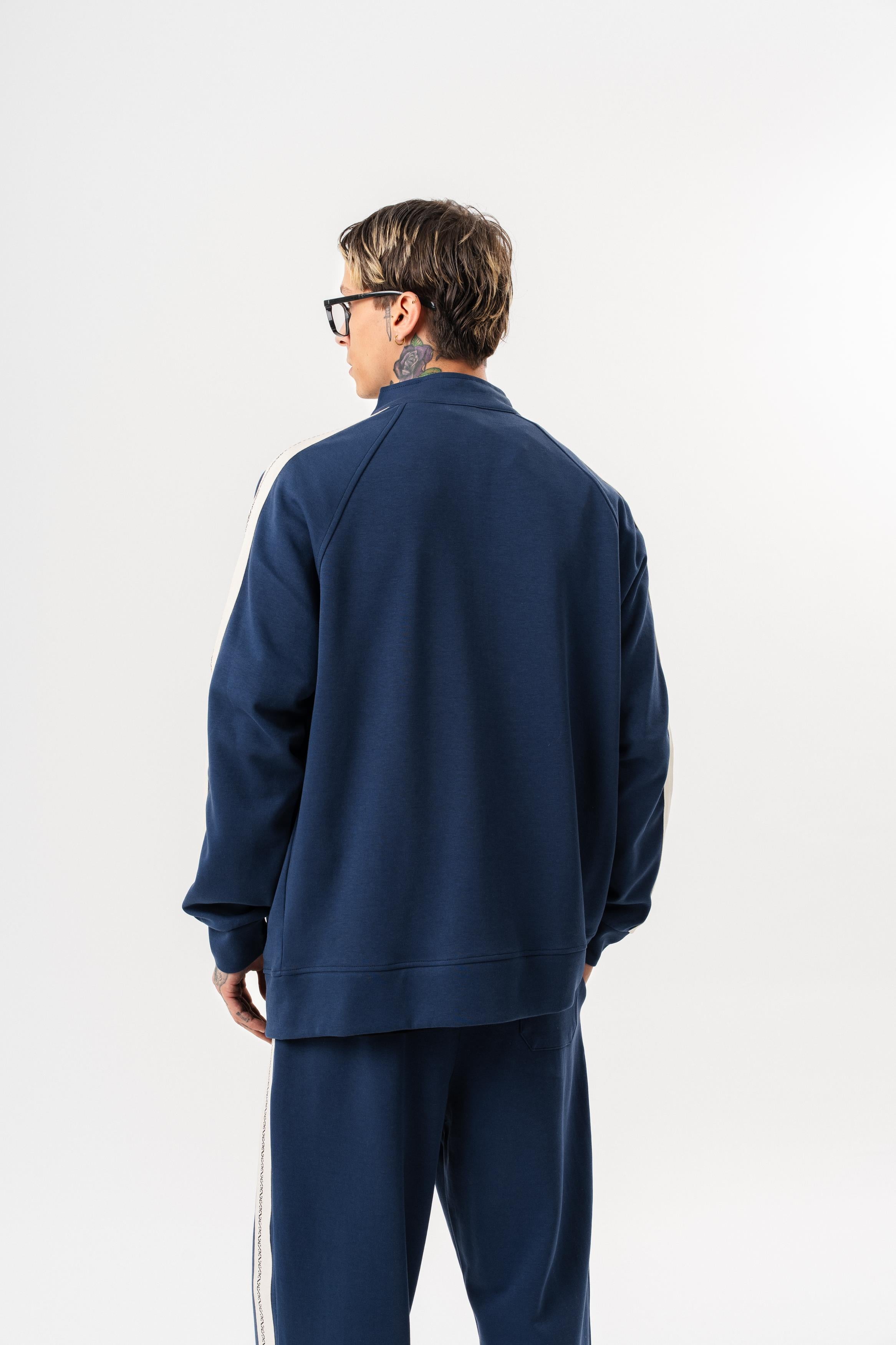 Erkek FFB Şerit Detaylı Dik Yaka Doubleface Zip Oversize Sweatshirt Lacivert