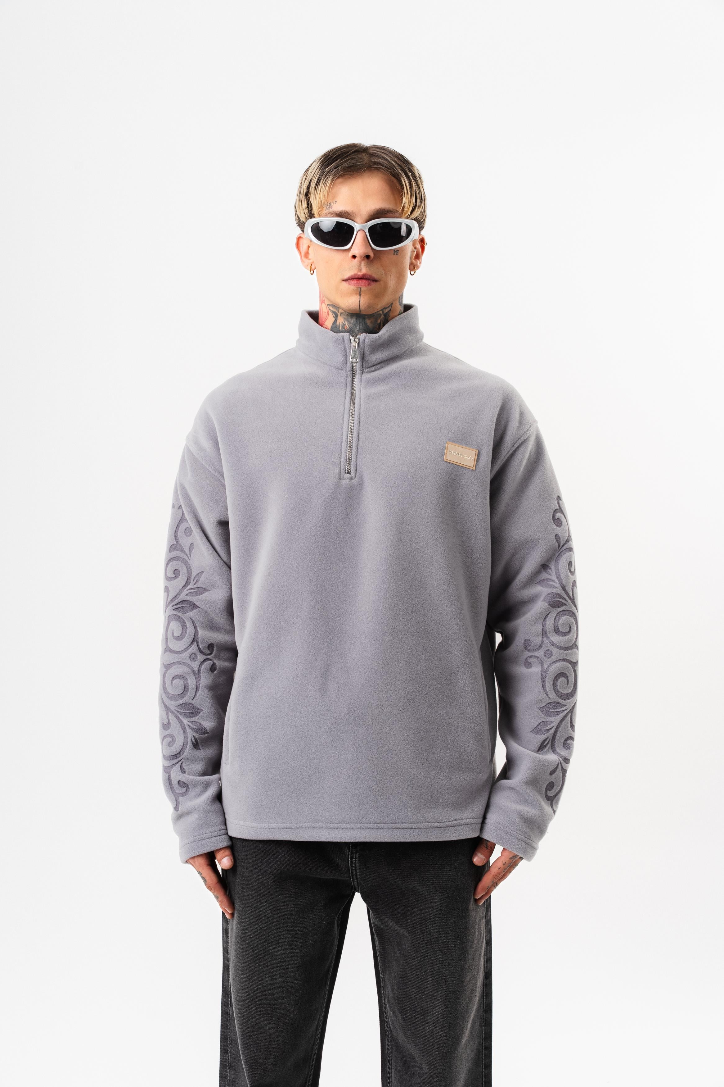 Erkek FFB Yarım Fermuarlı Oversize Polar Ceket Gri