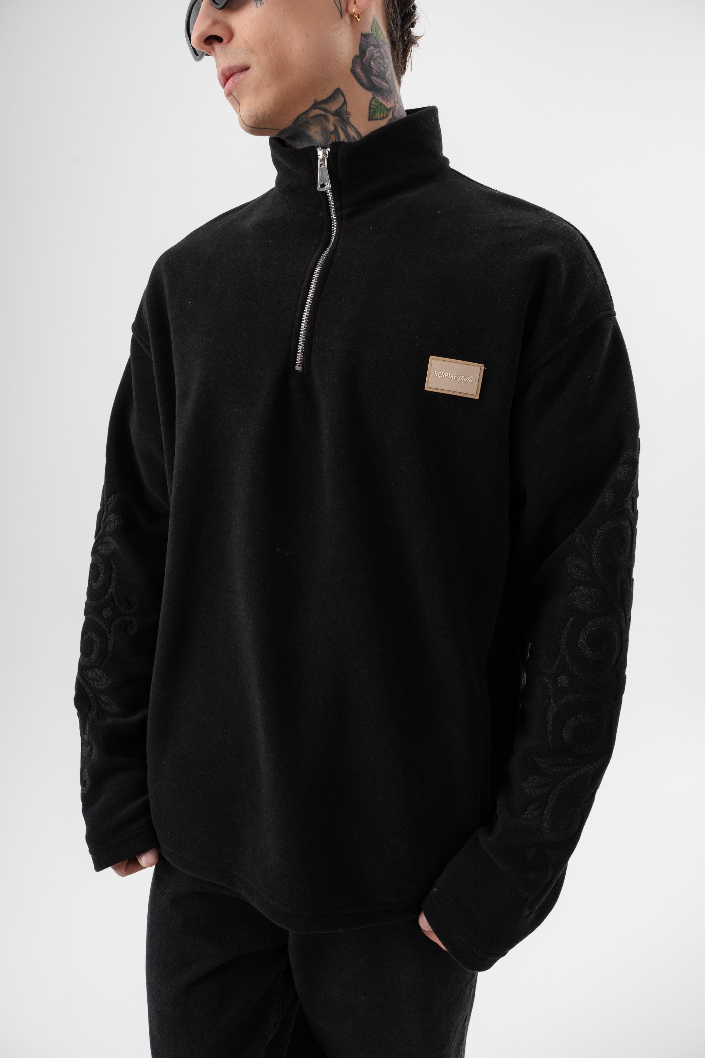 Erkek FFB Yarım Fermuarlı Oversize Polar Ceket Siyah