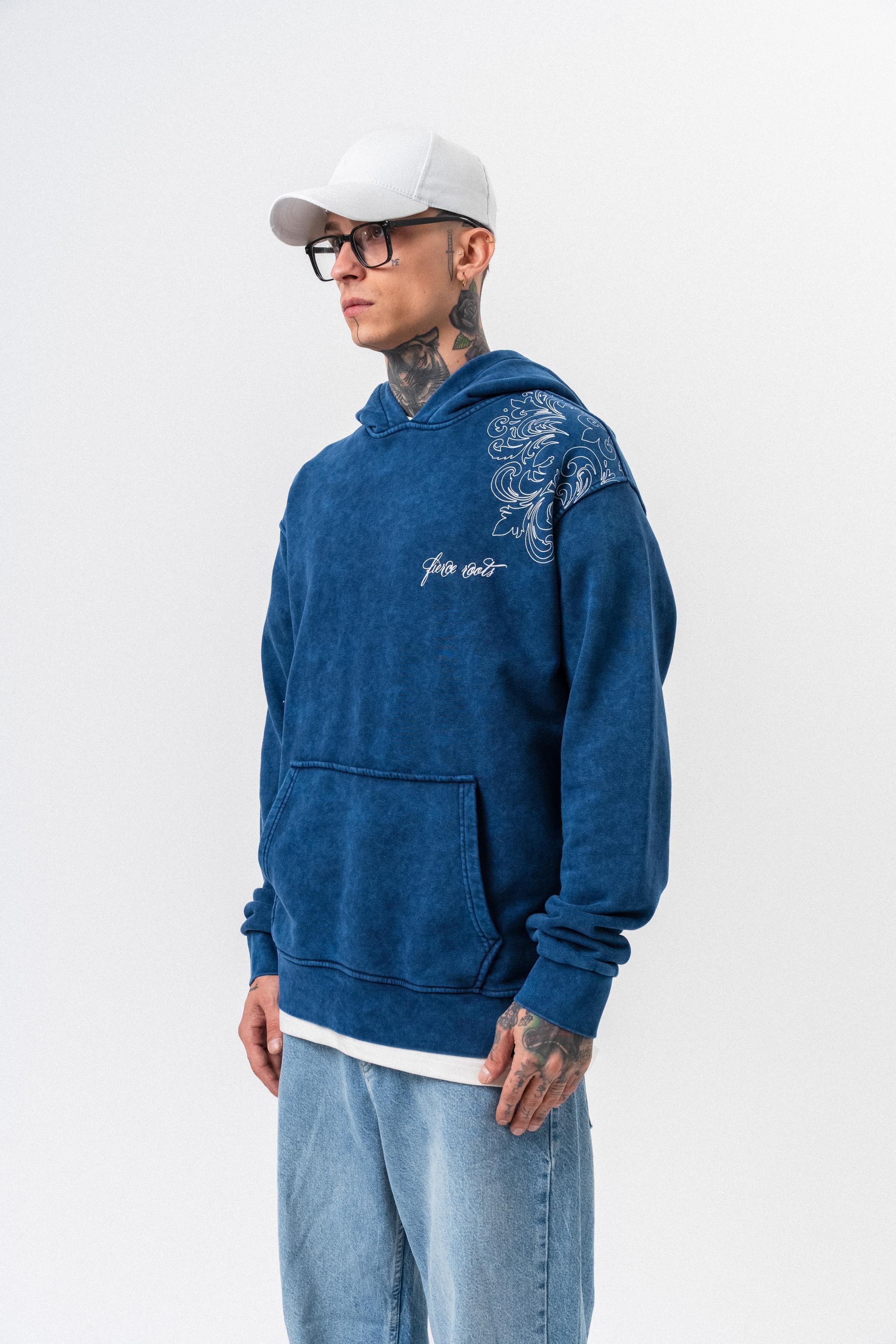 Erkek Fierce Baskılı Yıkamalı Kapüşonlu Oversize Hoodie İndigo